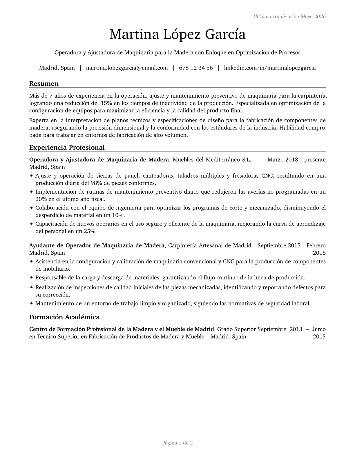 Woodworking Machine Setters, Operators, and Tenders, Except Sawing CV in Spanish — page 1