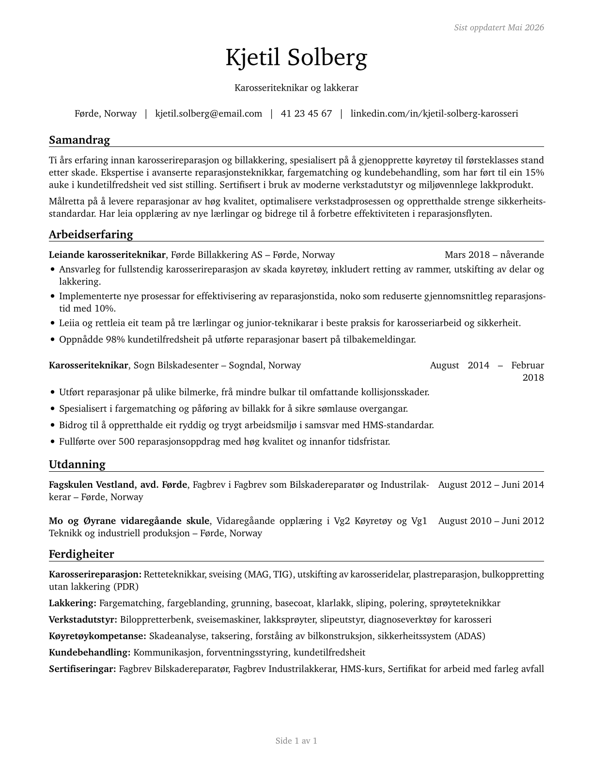 Automotive Body and Related Repairers CV in Norwegian_nynorsk — page 1