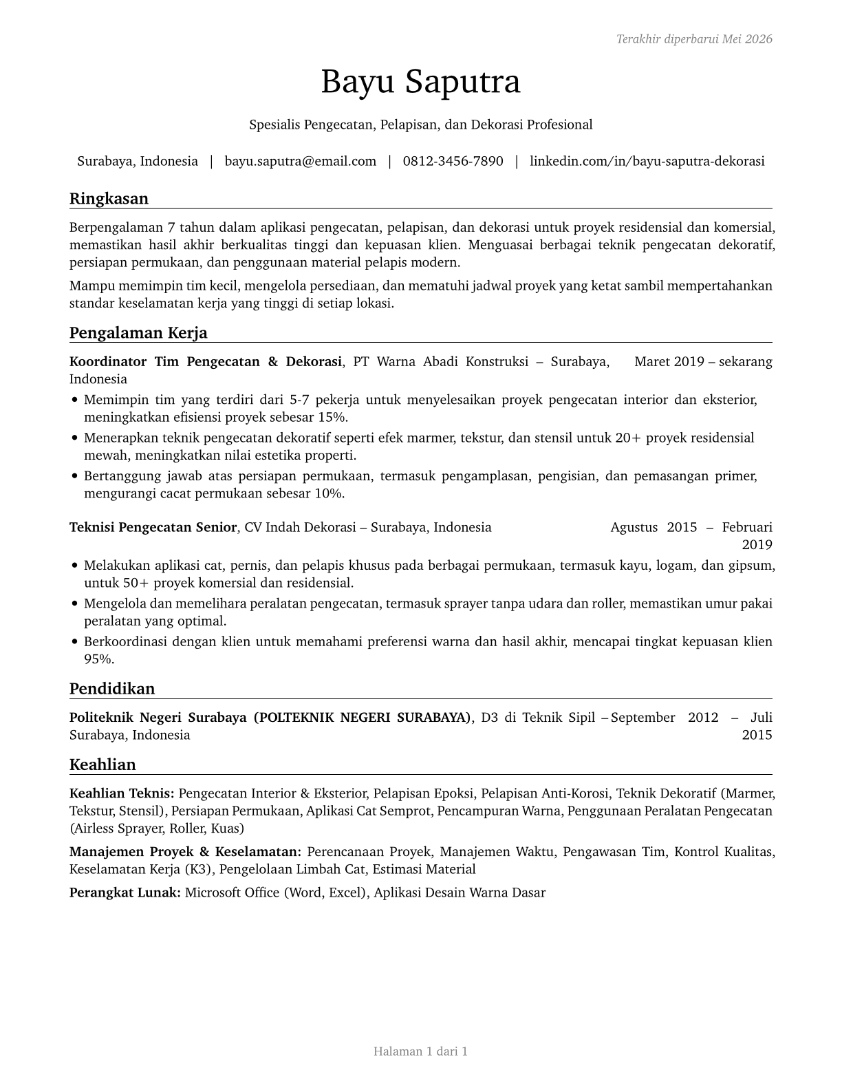 Painting, Coating, and Decorating Workers CV in Indonesian — page 1