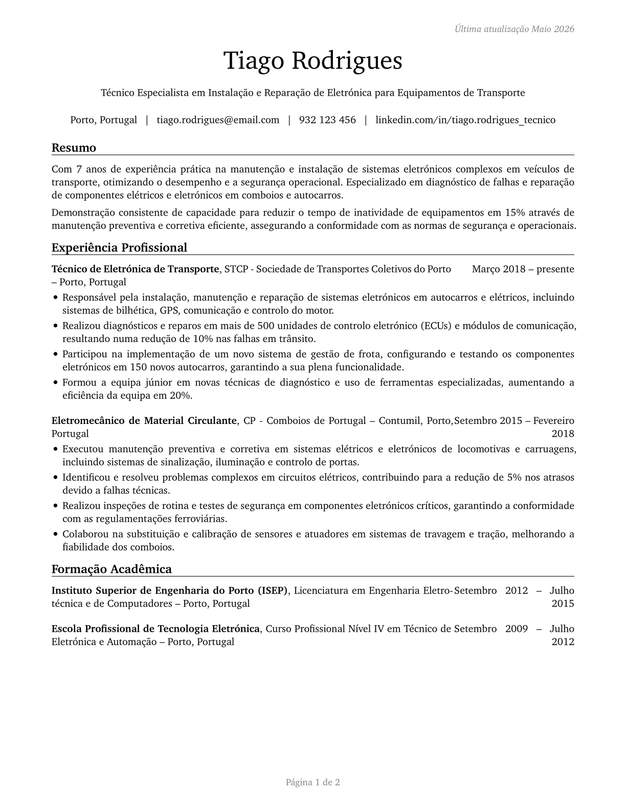 Electrical and Electronics Installers and Repairers, Transportation Equipment CV in Portuguese — page 1