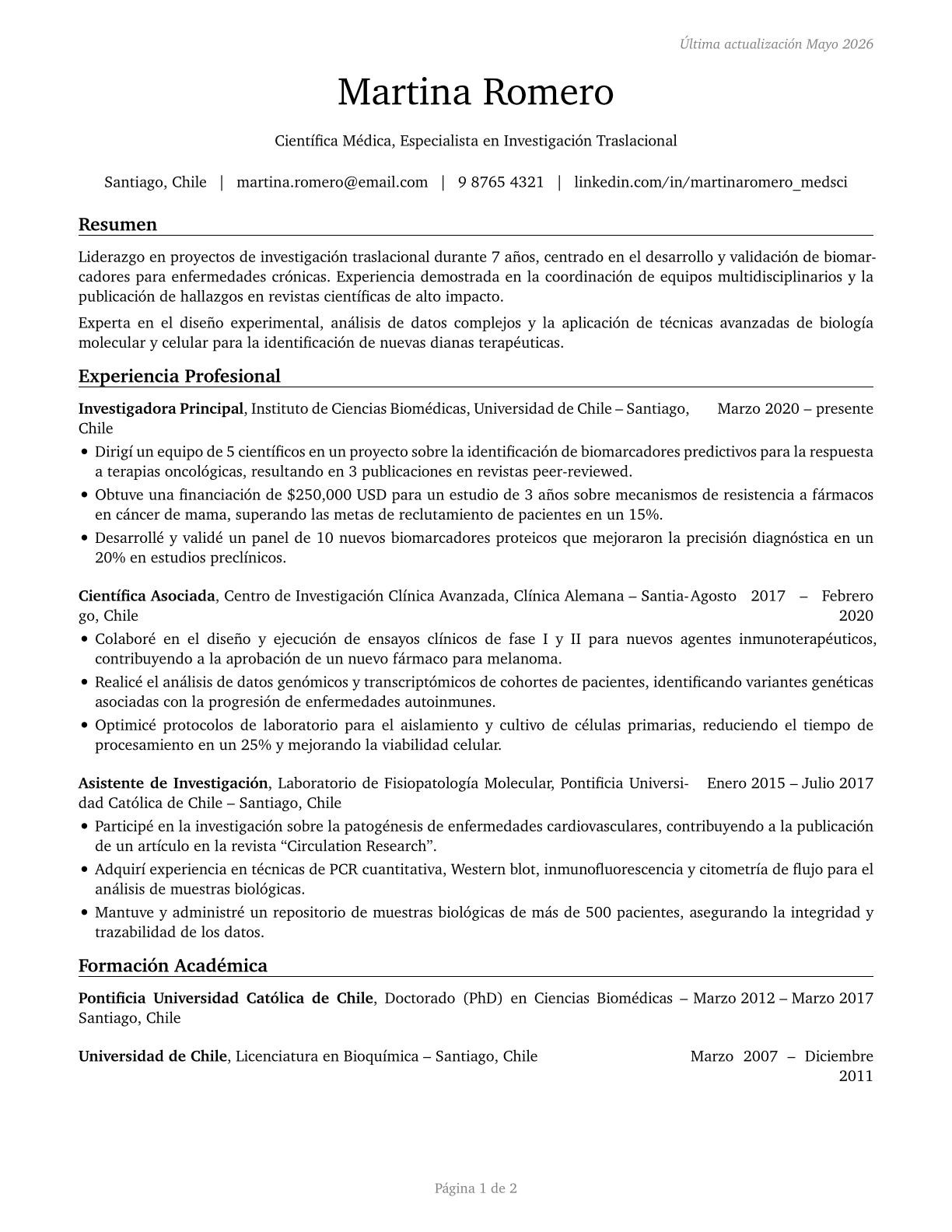 Medical Scientists, Except Epidemiologists CV in Spanish — page 1