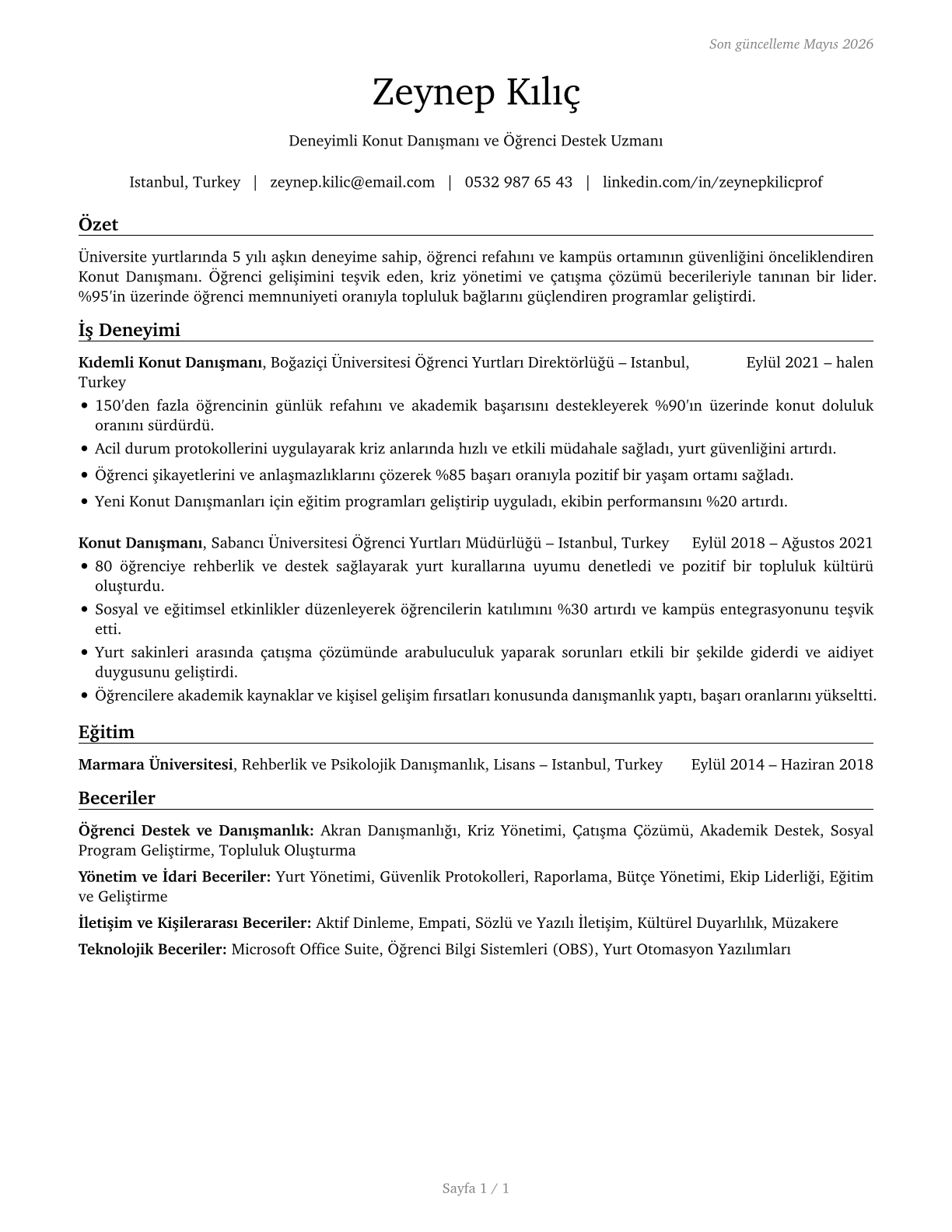 Residential Advisors CV in Turkish — page 1