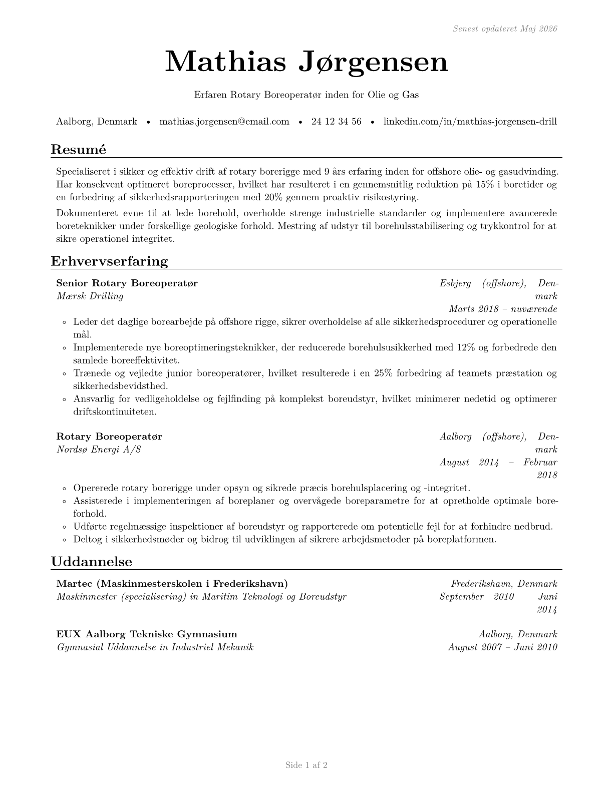 Rotary Drill Operators, Oil and Gas CV in Danish — page 1