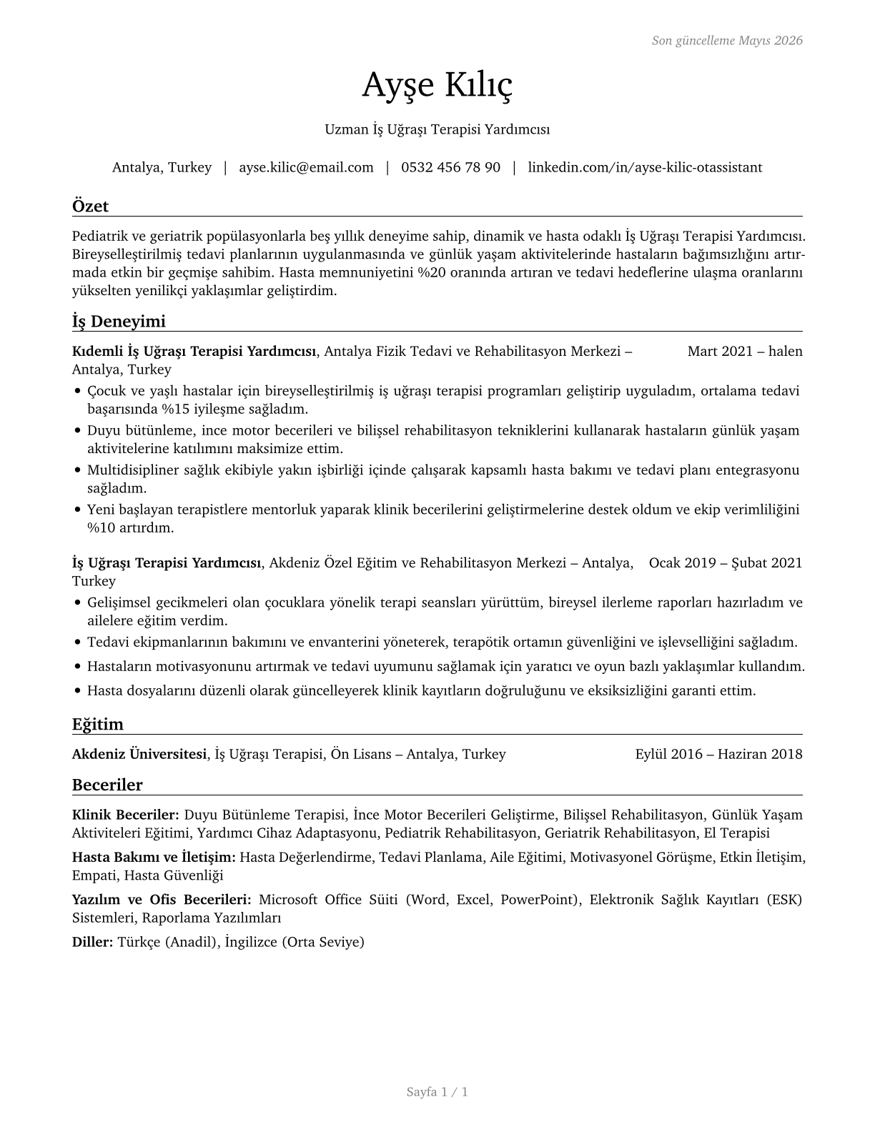 Occupational Therapy Assistants CV in Turkish — page 1