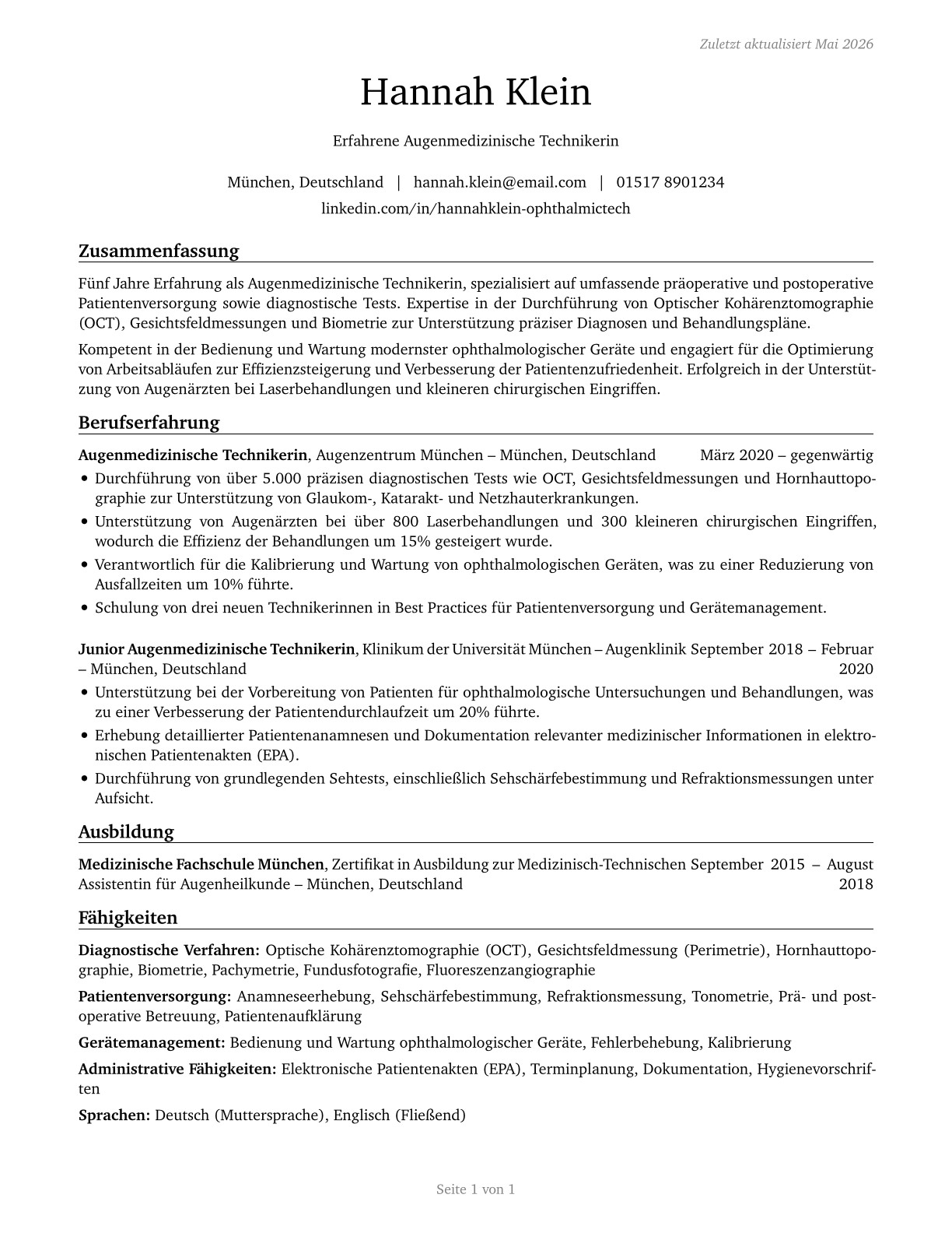 Ophthalmic Medical Technicians CV in German — page 1