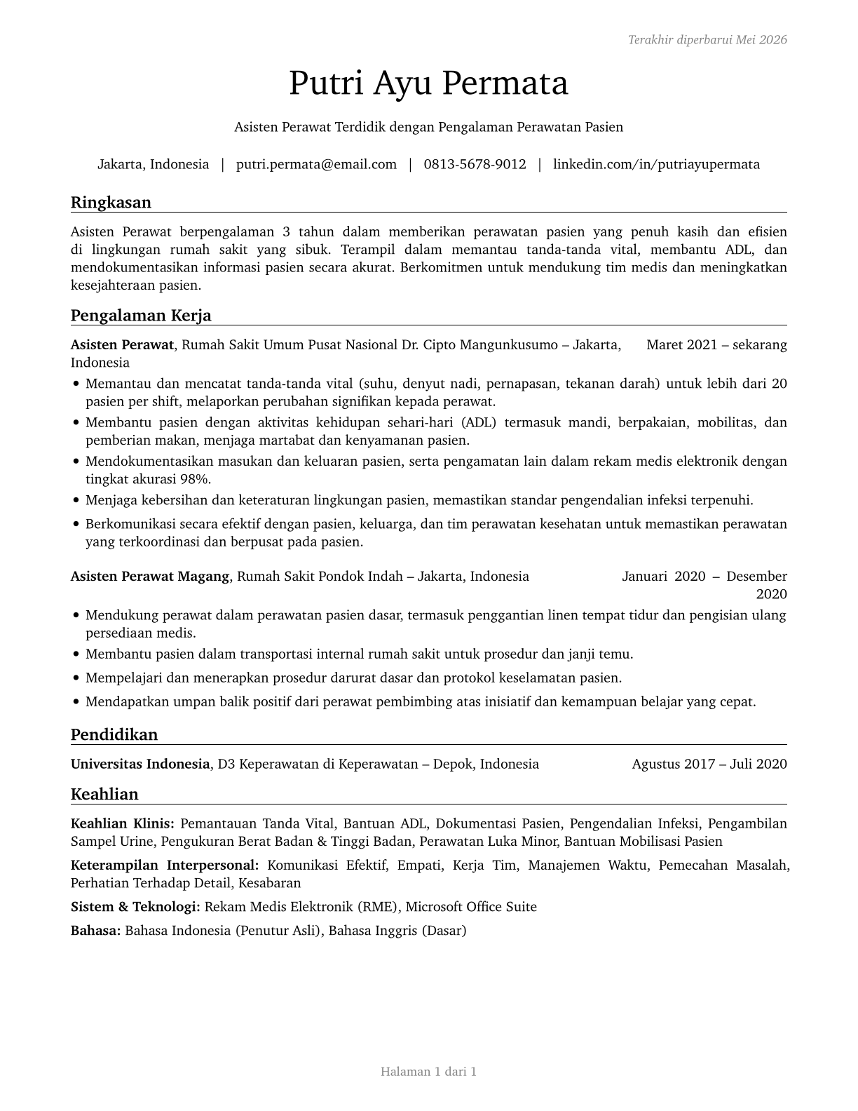 Nursing Assistants CV in Indonesian — page 1
