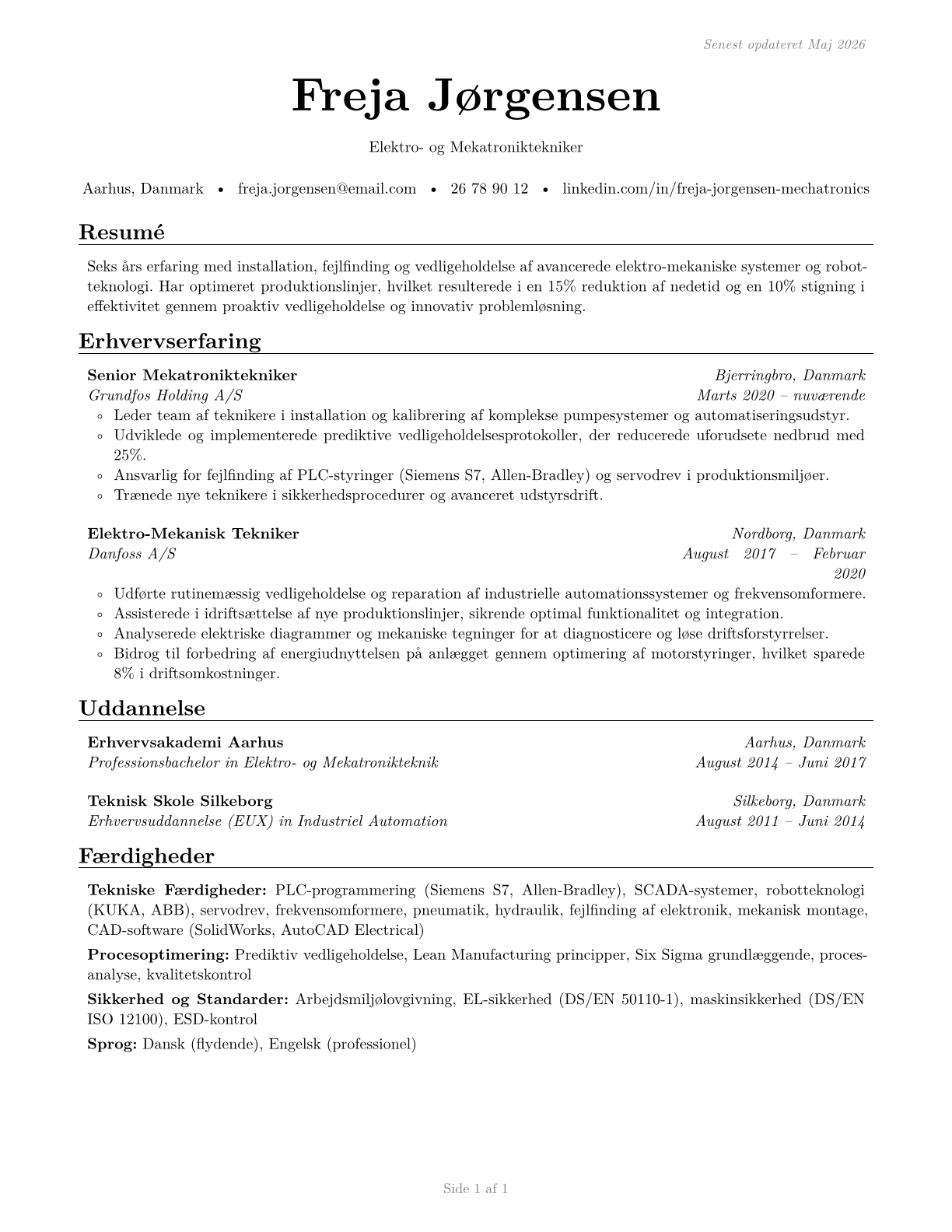 Electro-Mechanical and Mechatronics Technologists and Technicians CV in Danish — page 1