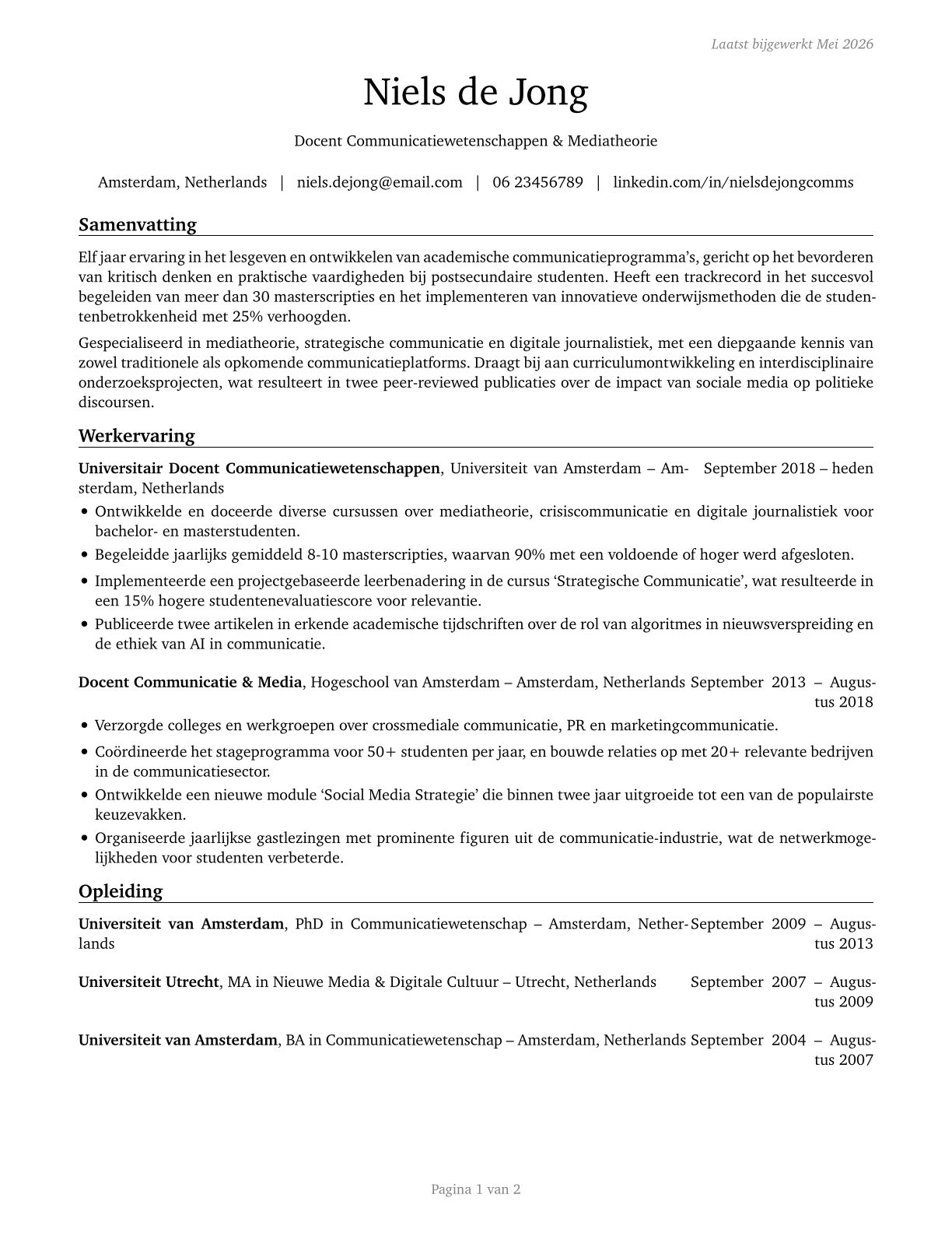 Communications Teachers, Postsecondary CV in Dutch — page 1