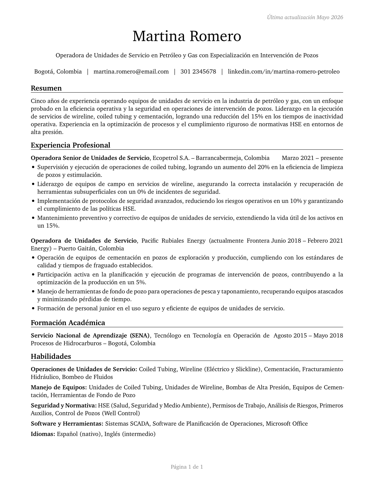 Service Unit Operators, Oil and Gas CV in Spanish — page 1