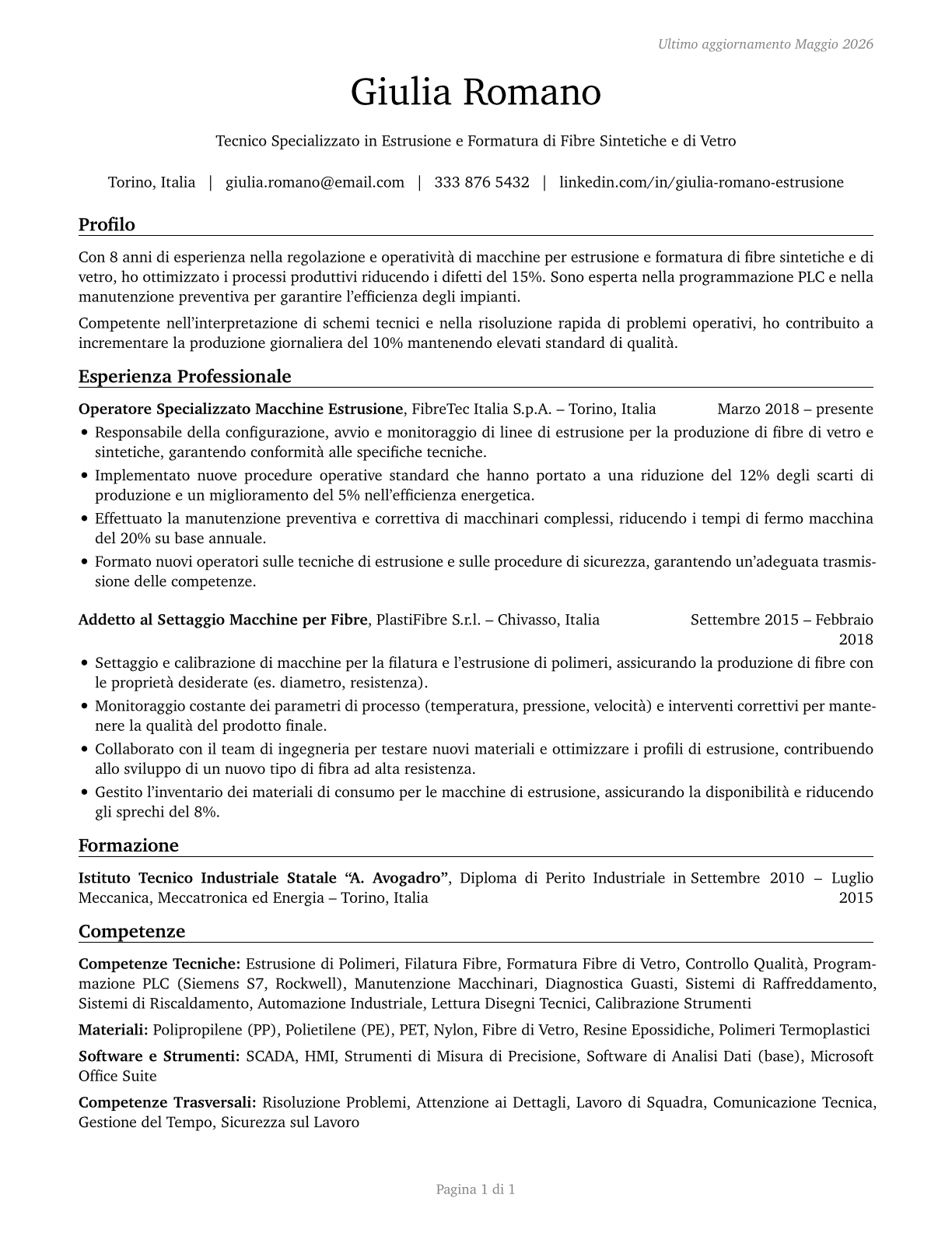 Extruding and Forming Machine Setters, Operators, and Tenders, Synthetic and Glass Fibers CV in Italian — page 1