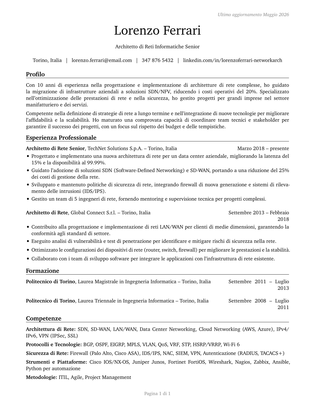 Computer Network Architects CV in Italian — page 1