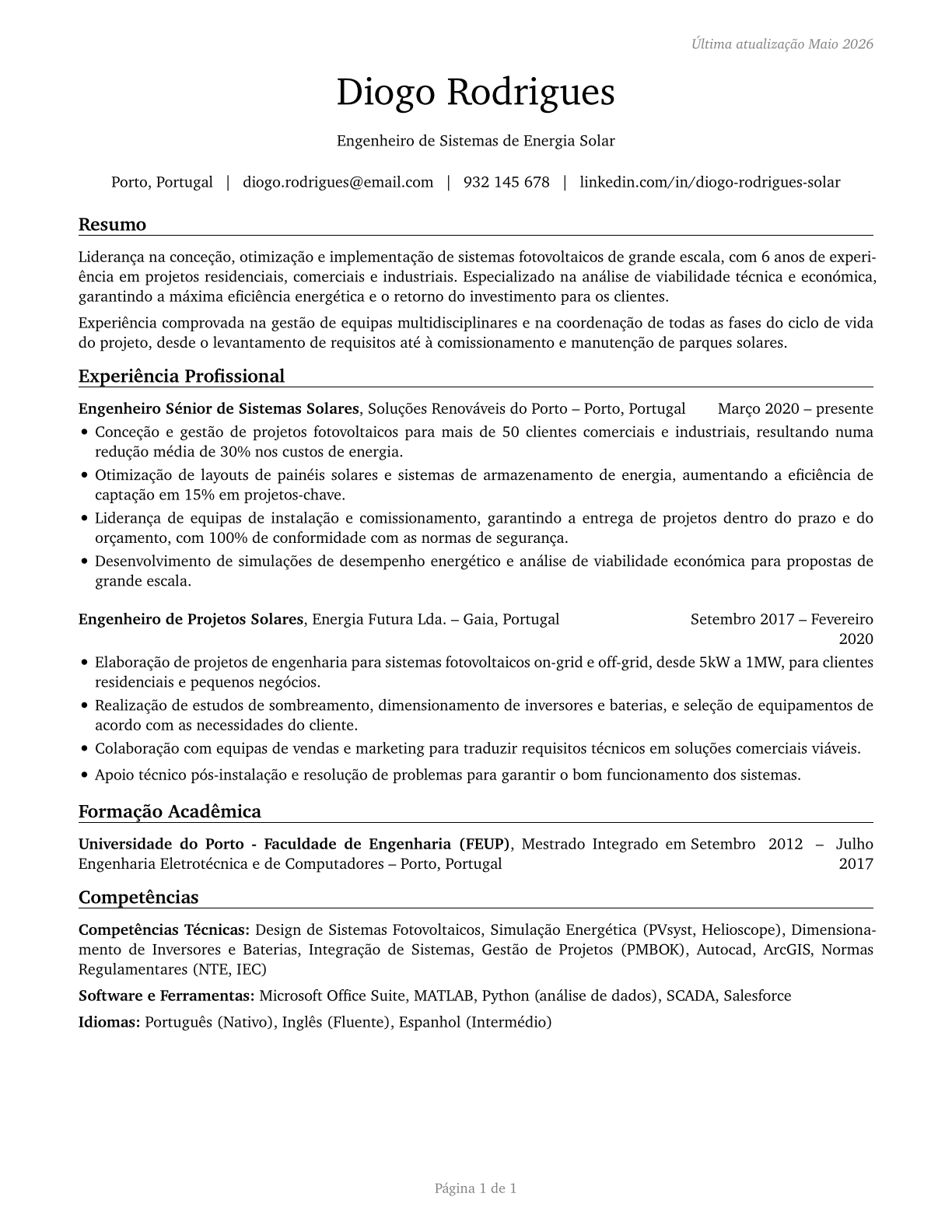 Solar Energy Systems Engineers CV in Portuguese — page 1