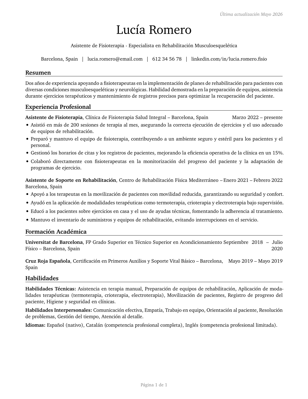 Physical Therapist Aides CV in Spanish — page 1