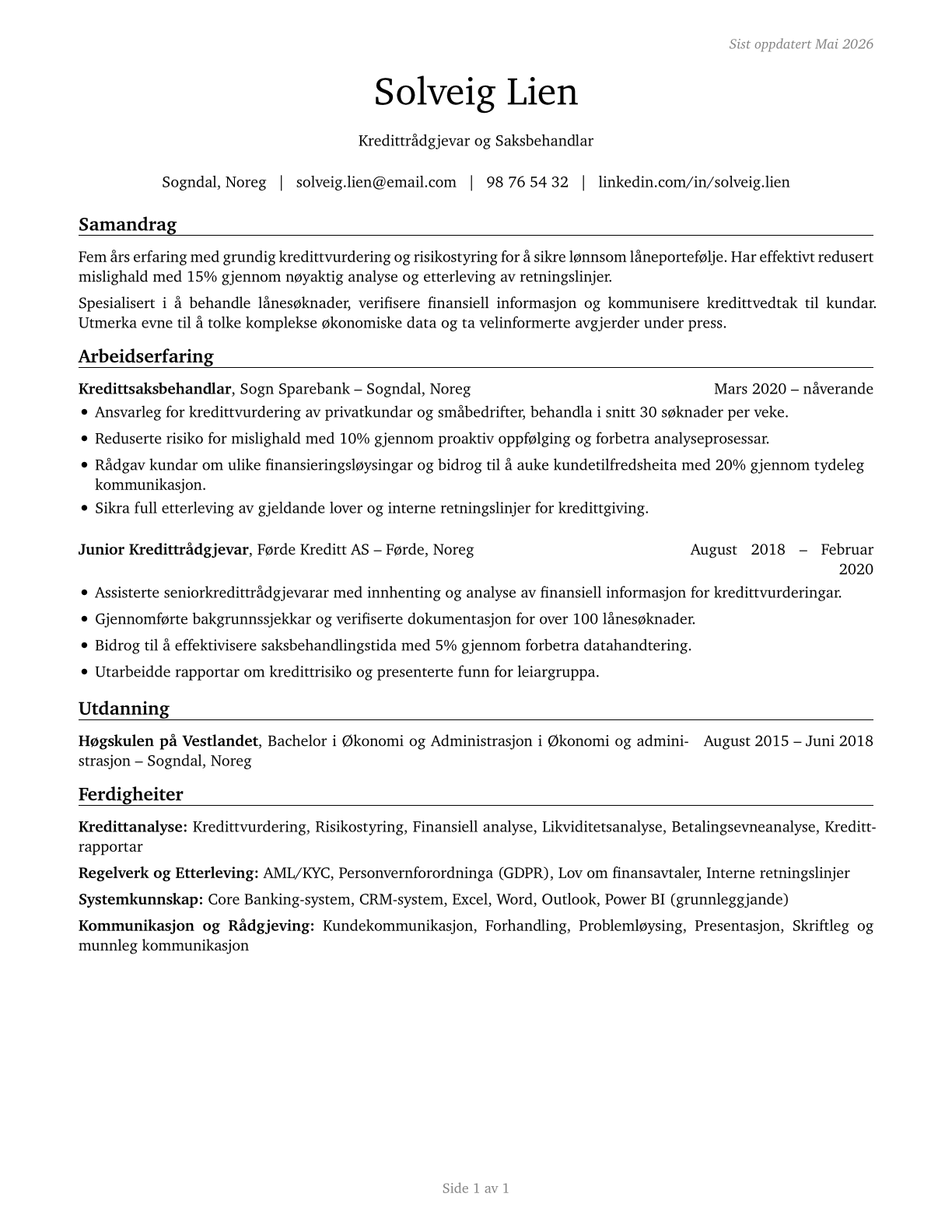Credit Authorizers, Checkers, and Clerks CV in Norwegian_nynorsk — page 1