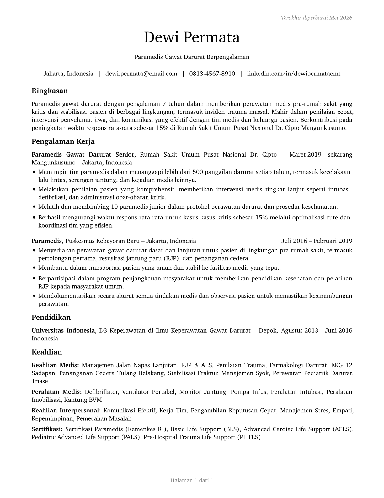 Emergency Medical Technicians CV in Indonesian — page 1