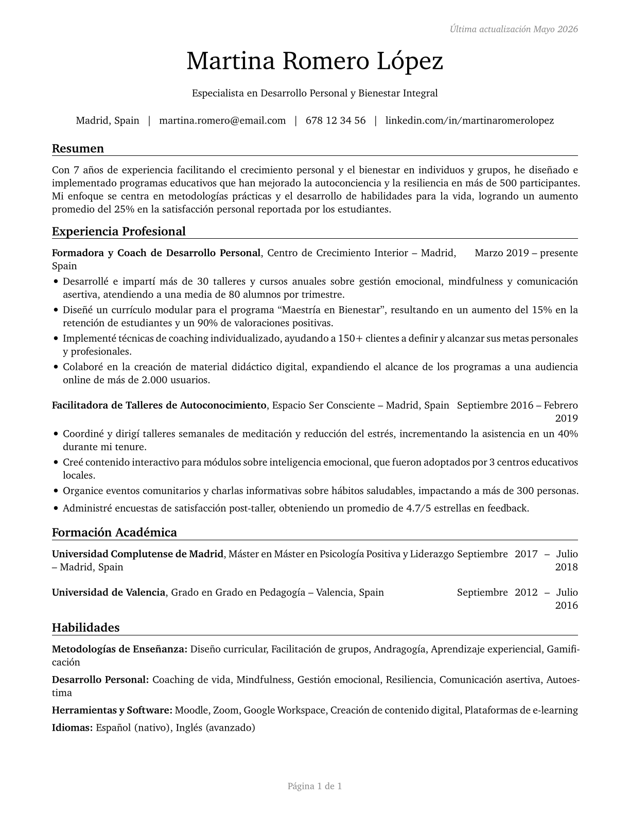 Self-Enrichment Teachers CV in Spanish — page 1