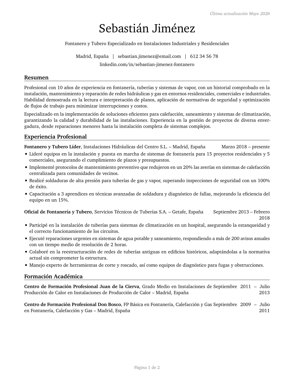 Plumbers, Pipefitters, and Steamfitters CV in Spanish — page 1