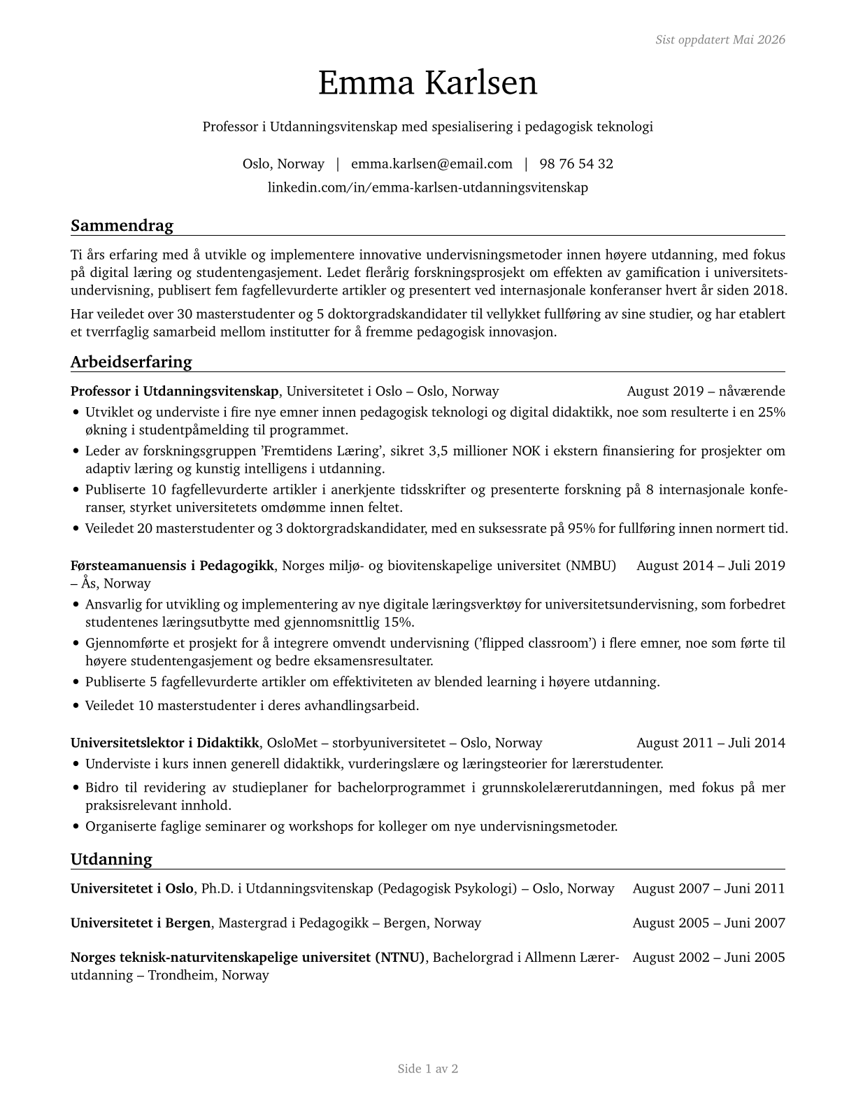 Education Teachers, Postsecondary CV in Norwegian_bokmal — page 1