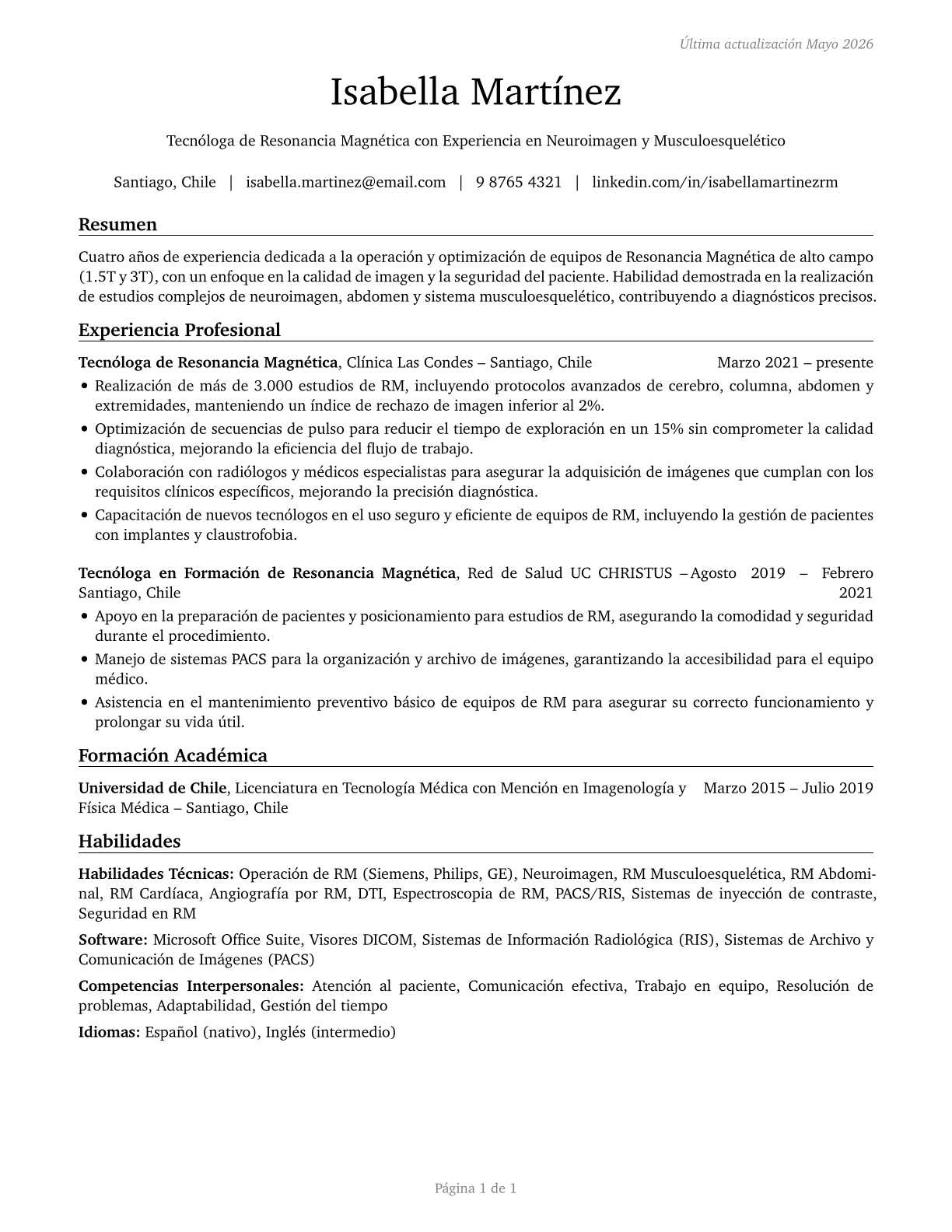 Magnetic Resonance Imaging Technologists CV in Spanish — page 1
