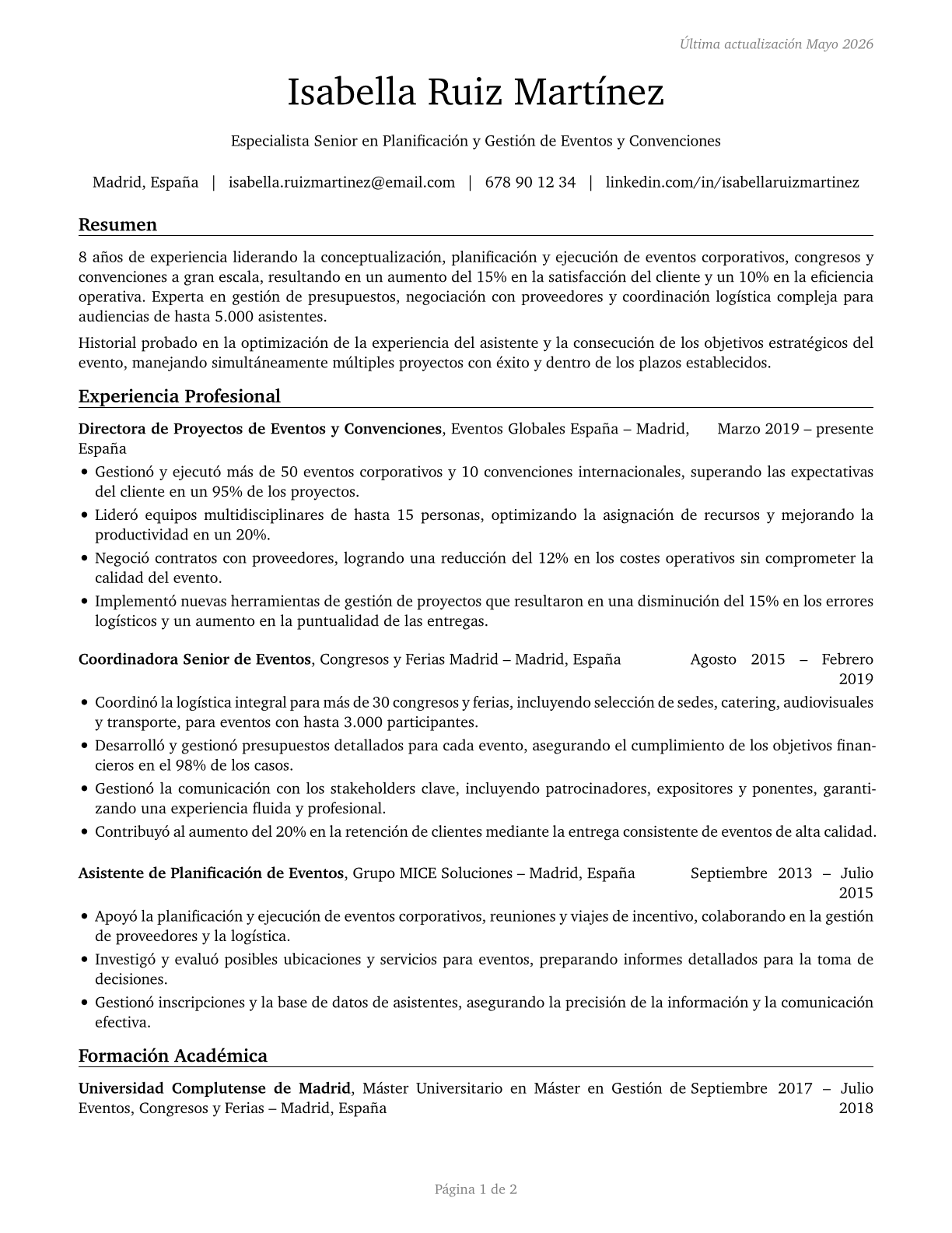 Meeting, Convention, and Event Planners CV in Spanish — page 1