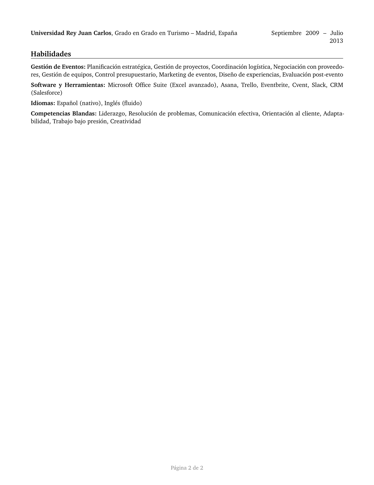 Meeting, Convention, and Event Planners CV in Spanish — page 2