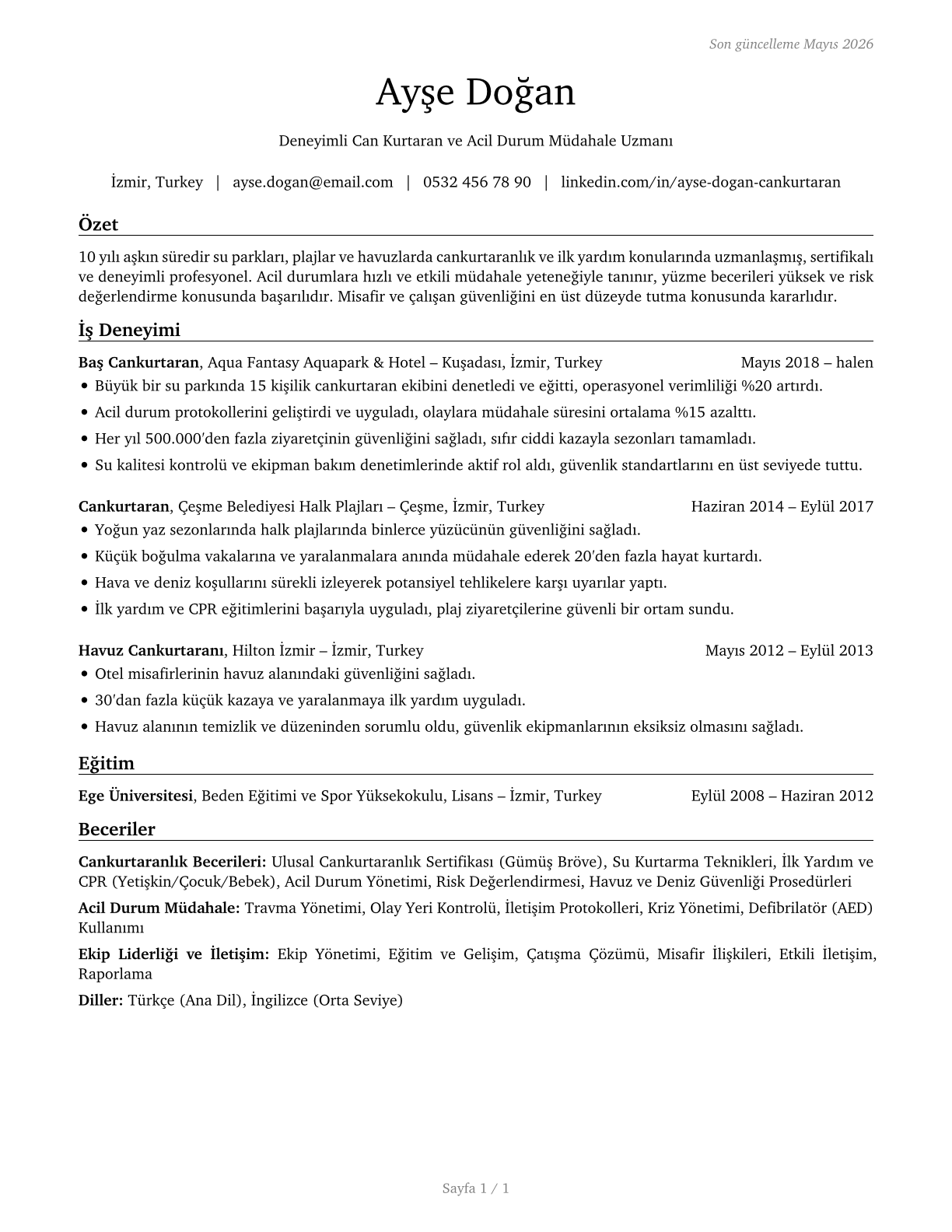 Lifeguards, Ski Patrol, and Other Recreational Protective Service Workers CV in Turkish — page 1