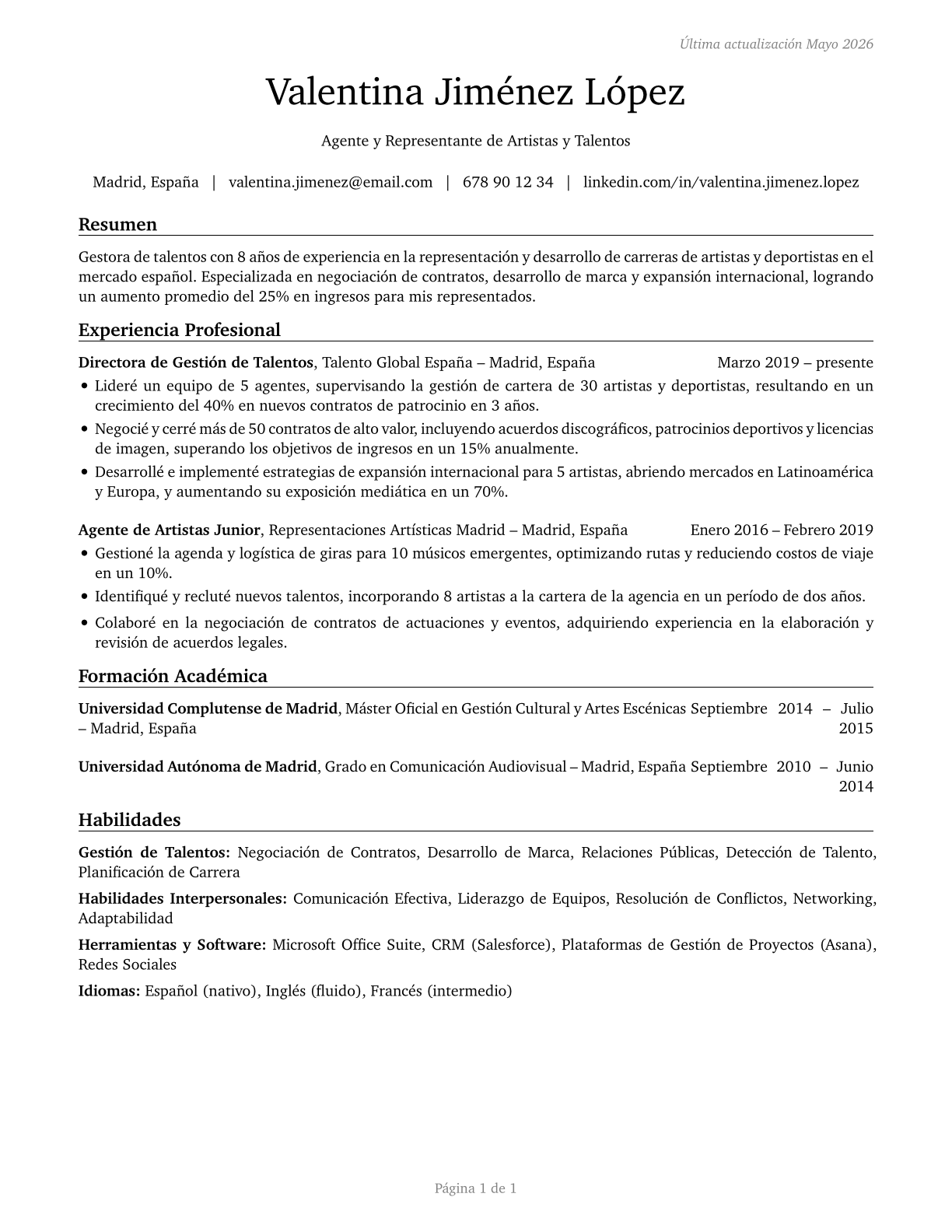 Agents and Business Managers of Artists, Performers, and Athletes CV in Spanish — page 1