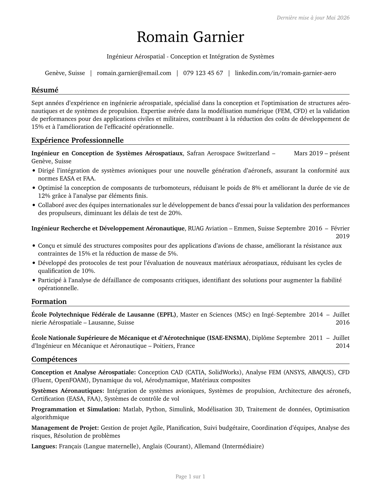 Aerospace Engineers CV in French — page 1