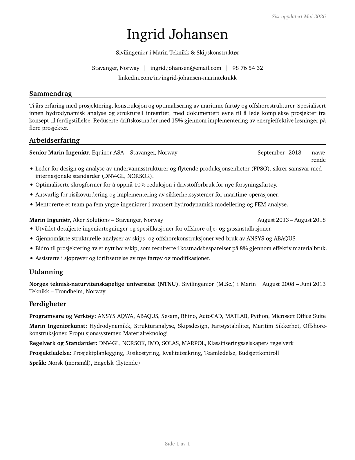 Marine Engineers and Naval Architects CV in Norwegian_bokmal — page 1