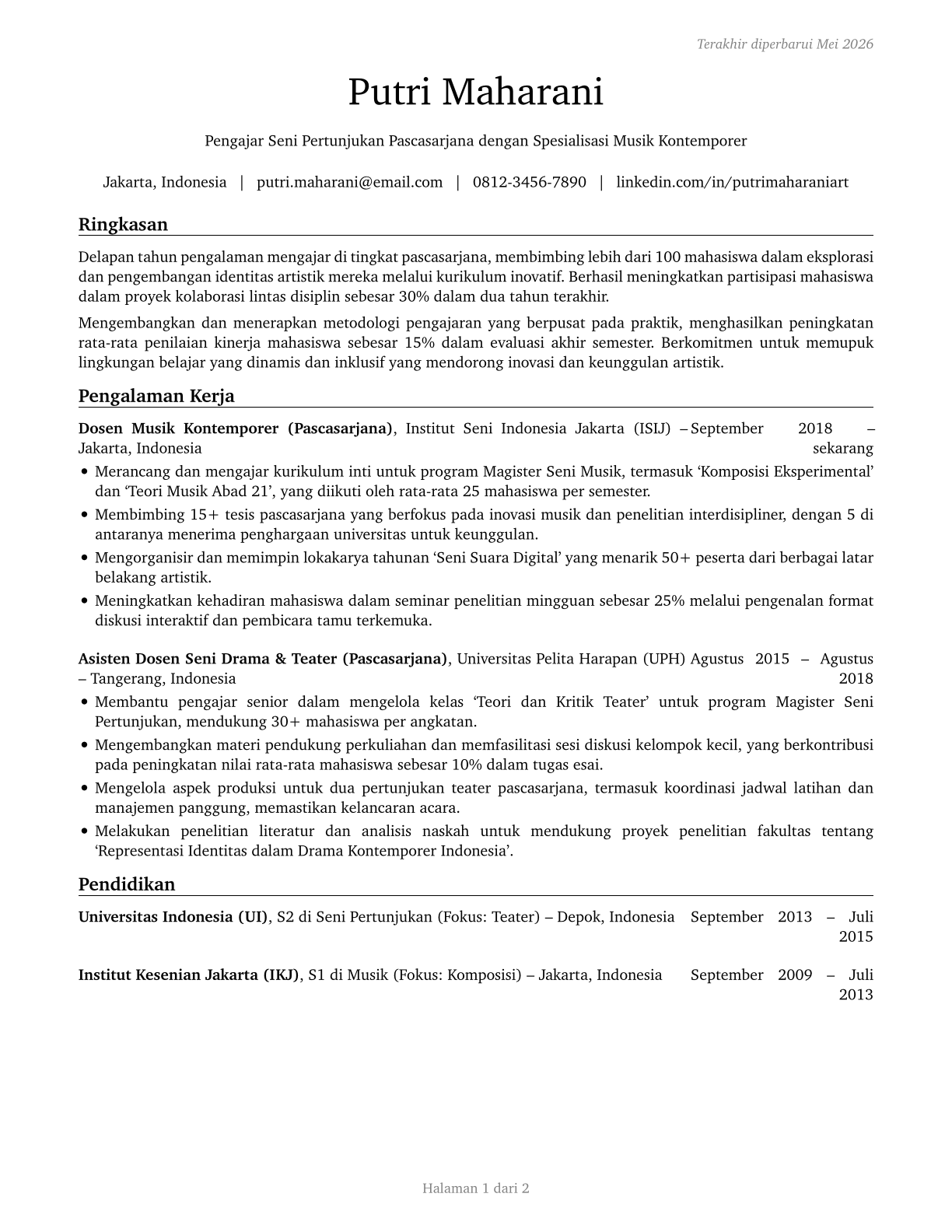 Art, Drama, and Music Teachers, Postsecondary CV in Indonesian — page 1