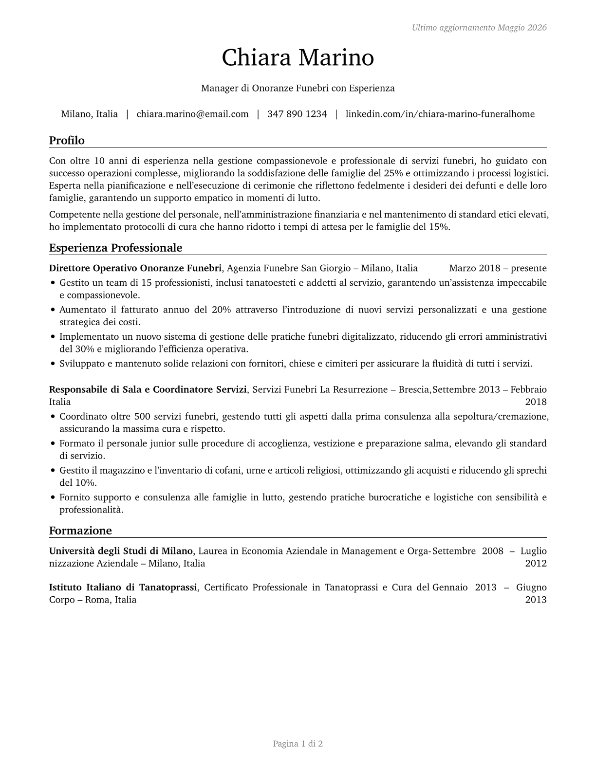 Funeral Home Managers CV in Italian — page 1
