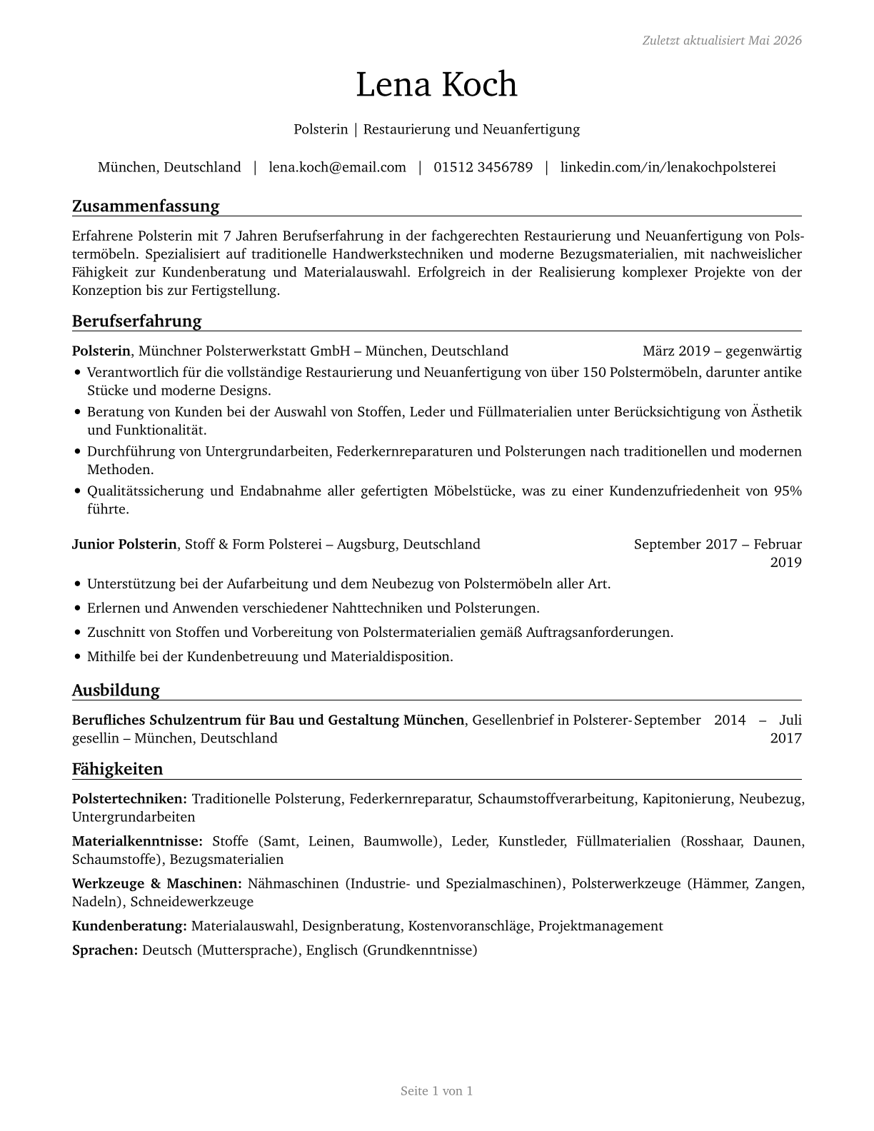 Upholsterers CV in German — page 1