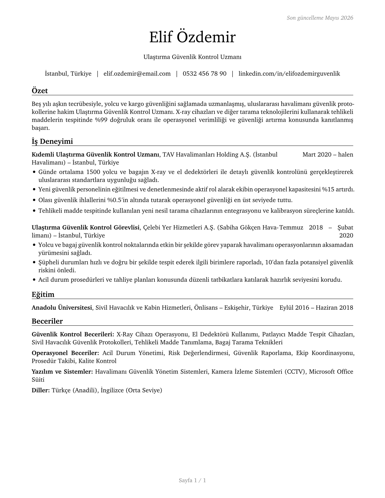 Transportation Security Screeners CV in Turkish — page 1