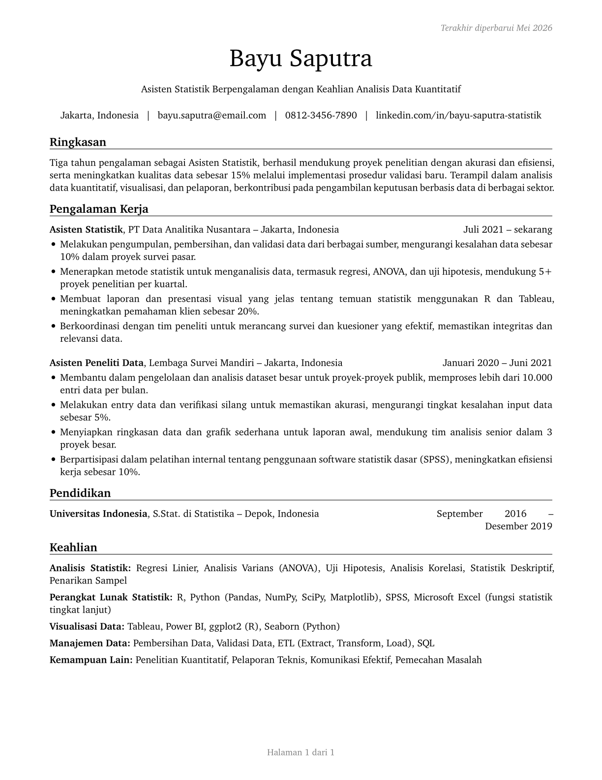 Statistical Assistants CV in Indonesian — page 1