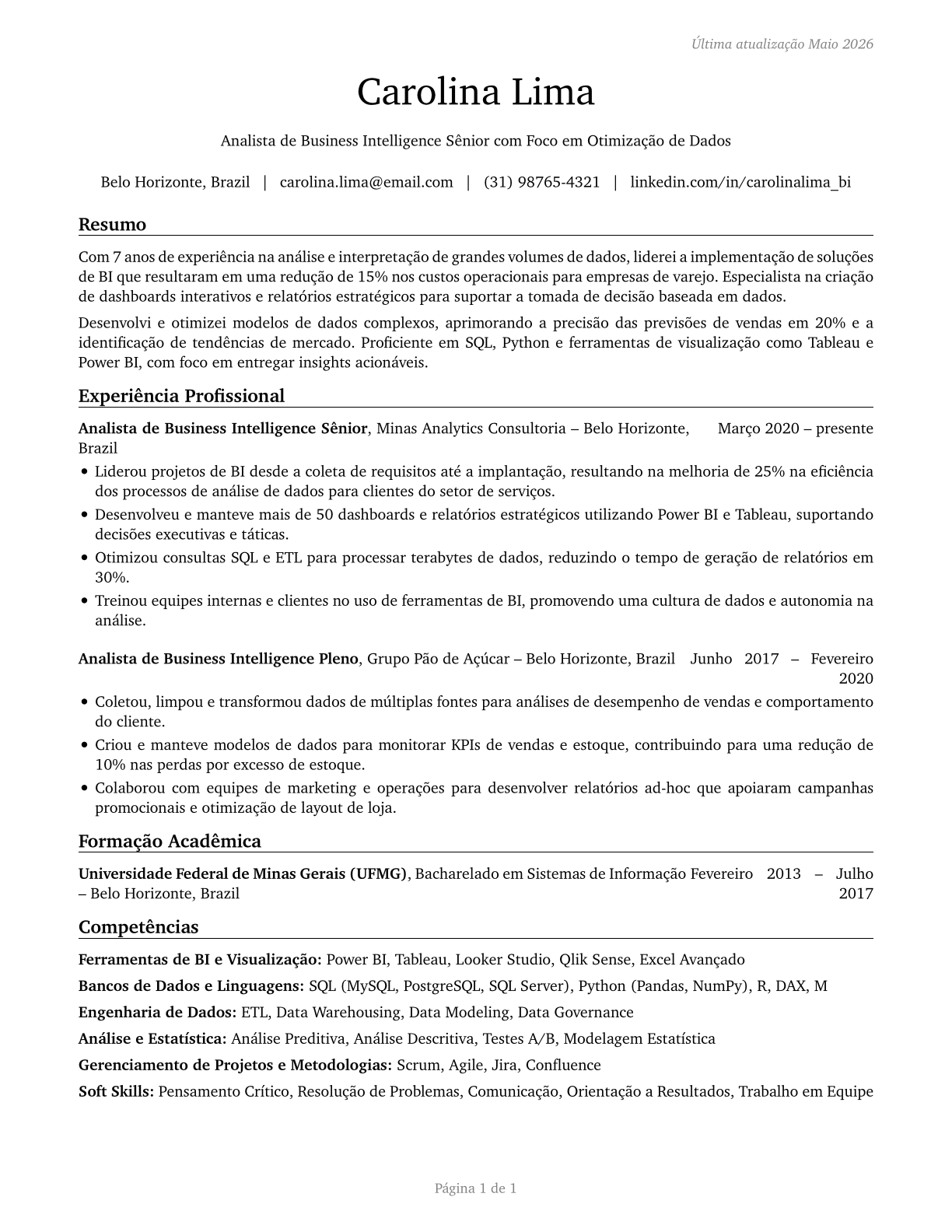 Business Intelligence Analysts CV in Portuguese — page 1