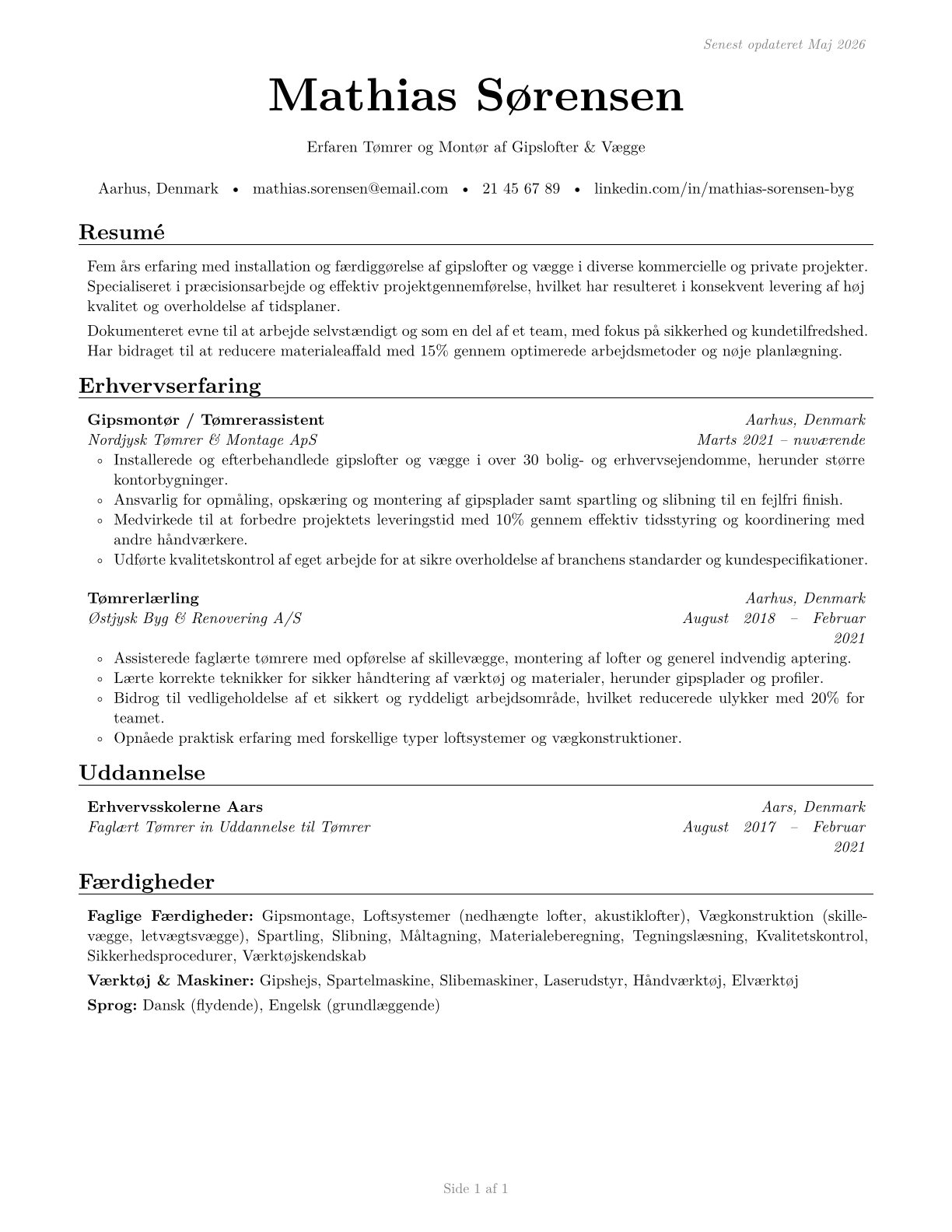 Drywall and Ceiling Tile Installers CV in Danish — page 1