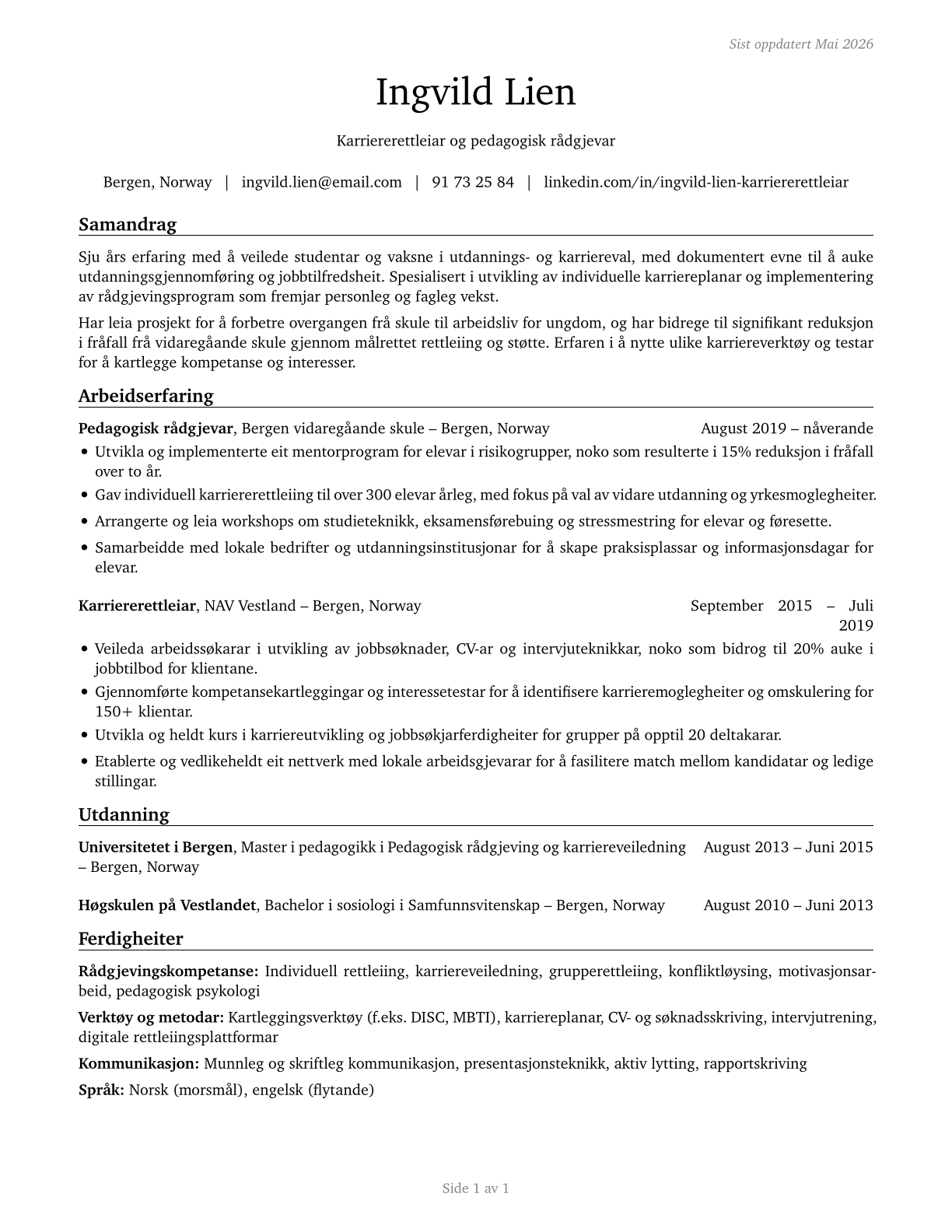 Educational, Guidance, and Career Counselors and Advisors CV in Norwegian_nynorsk — page 1