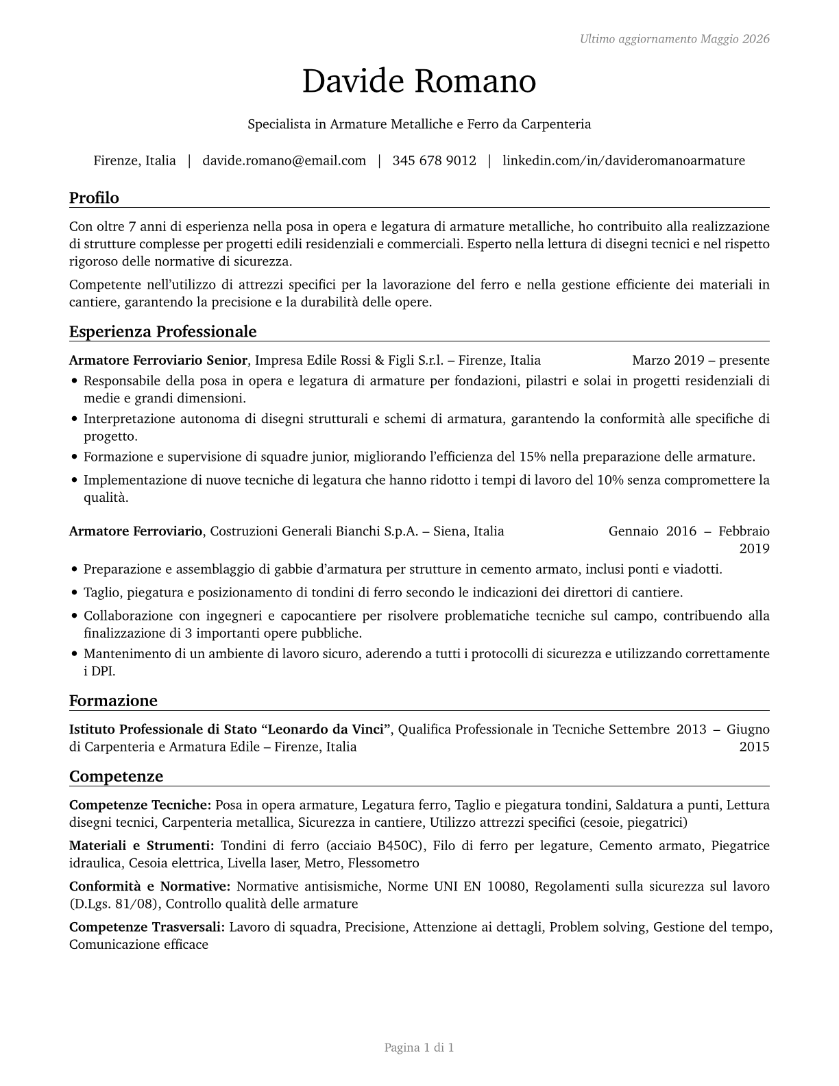 Reinforcing Iron and Rebar Workers CV in Italian — page 1