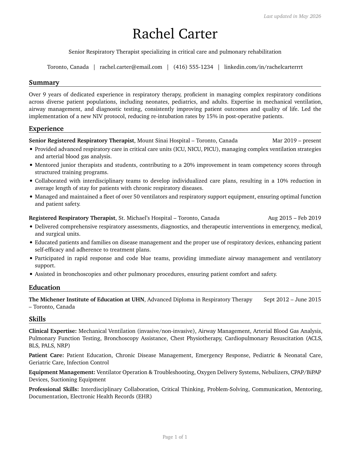 Respiratory Therapists CV in English — page 1