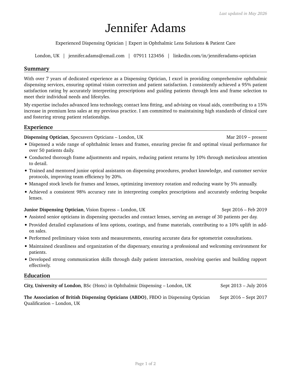 Opticians, Dispensing CV in English — page 1