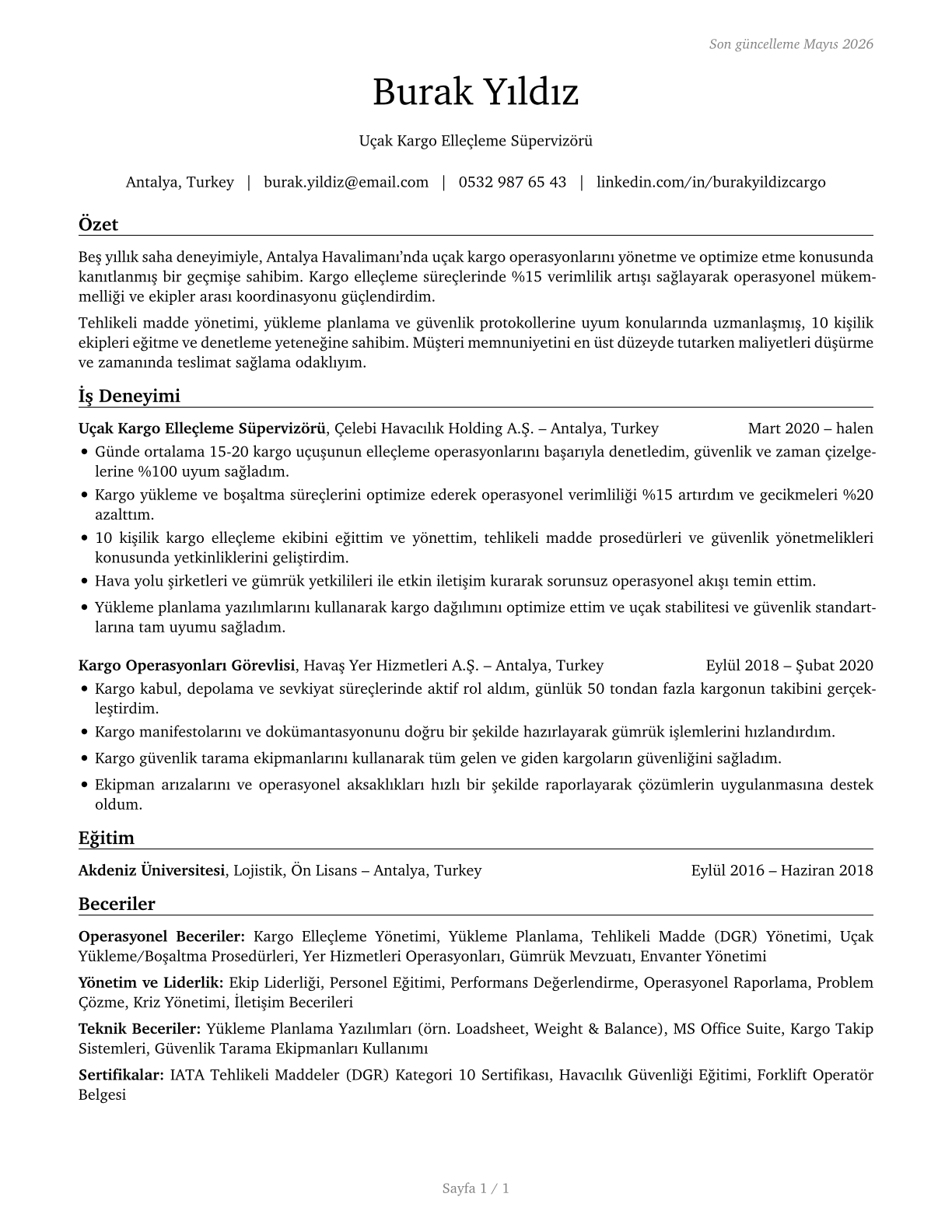 Aircraft Cargo Handling Supervisors CV in Turkish — page 1