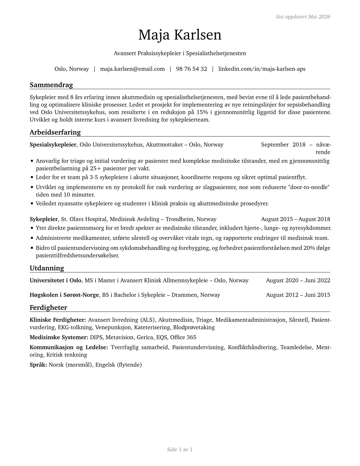 Healthcare Practitioners and Technical Workers, All Other CV in Norwegian_bokmal — page 1
