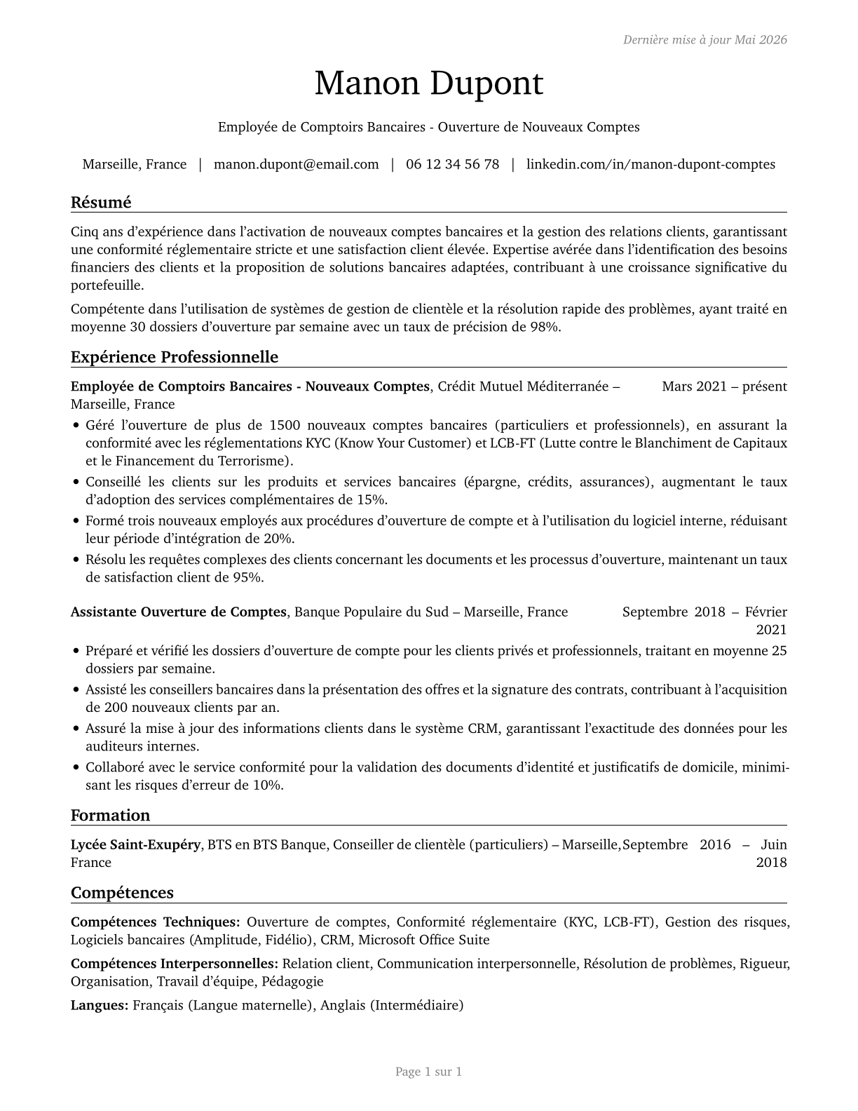 New Accounts Clerks CV in French — page 1