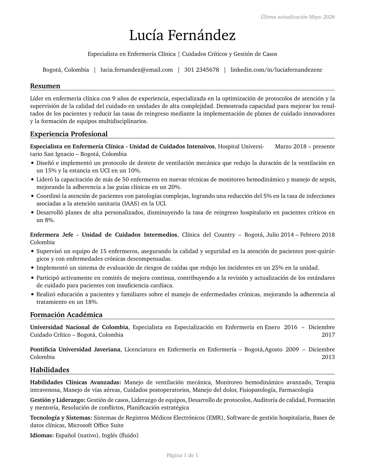 Clinical Nurse Specialists CV in Spanish — page 1