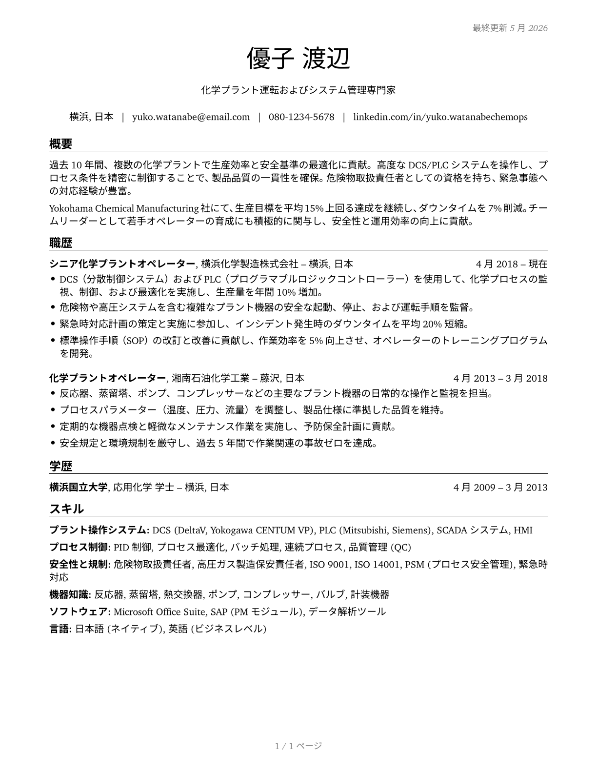 Chemical Plant and System Operators CV in Japanese — page 1