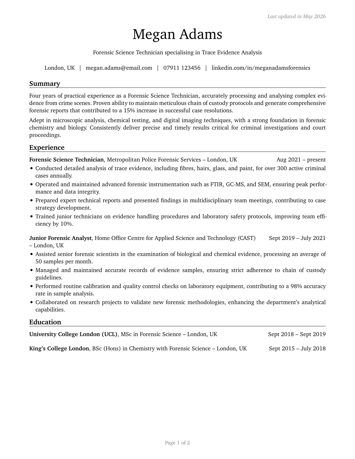 Forensic Science Technicians CV in English — page 1