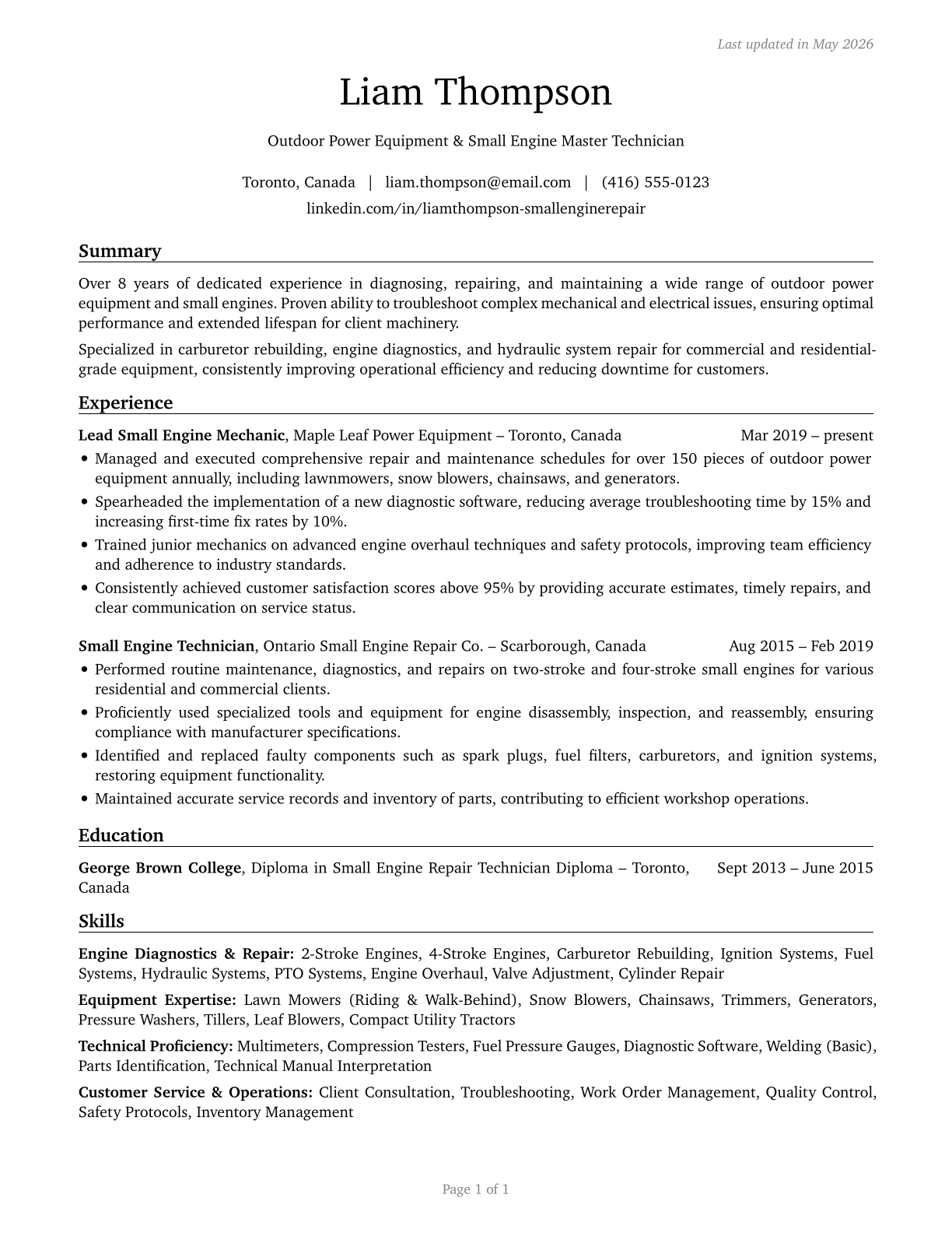 Outdoor Power Equipment and Other Small Engine Mechanics CV in English — page 1