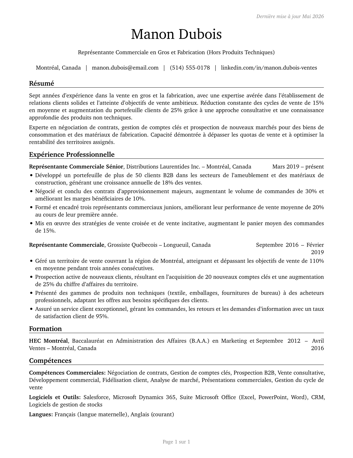 Sales Representatives, Wholesale and Manufacturing, Except Technical and Scientific Products CV in French — page 1