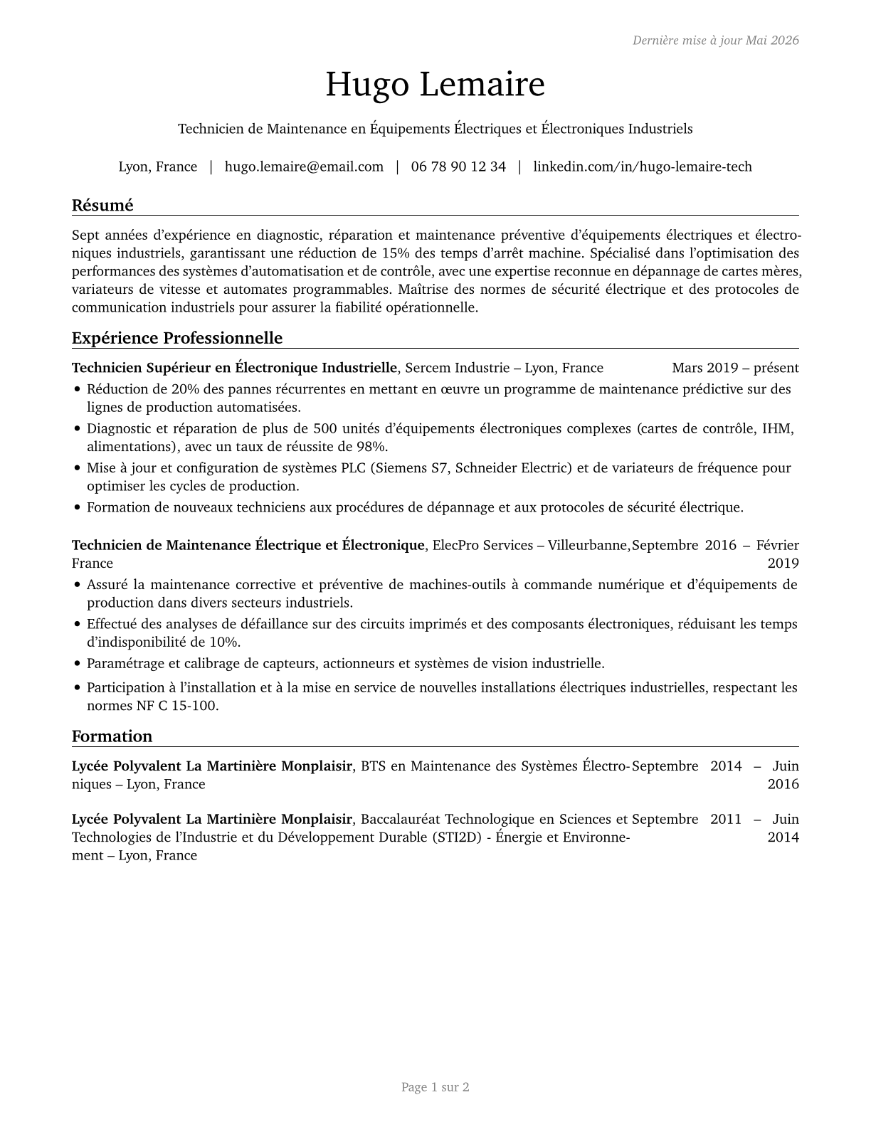 Electrical and Electronics Repairers, Commercial and Industrial Equipment CV in French — page 1