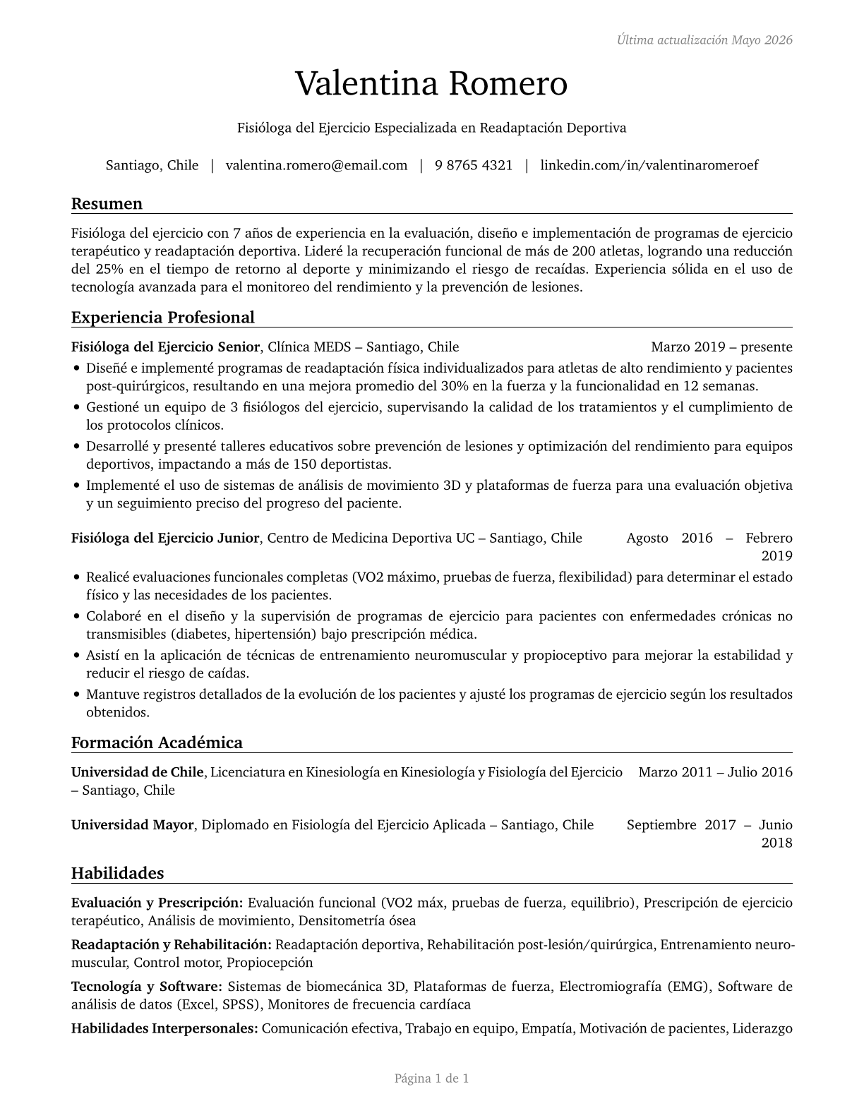 Exercise Physiologists CV in Spanish — page 1